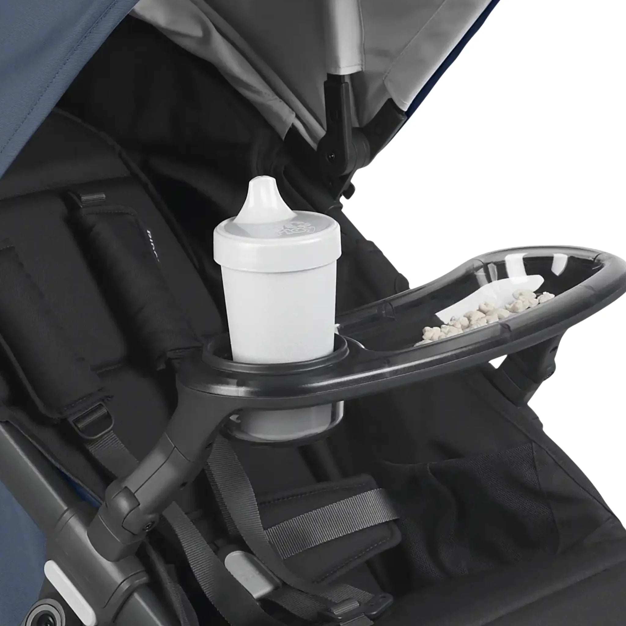 Stroller snack tray with cup holder and toddler snack compartment attached to pram for easy family travel and on-the-go feeding