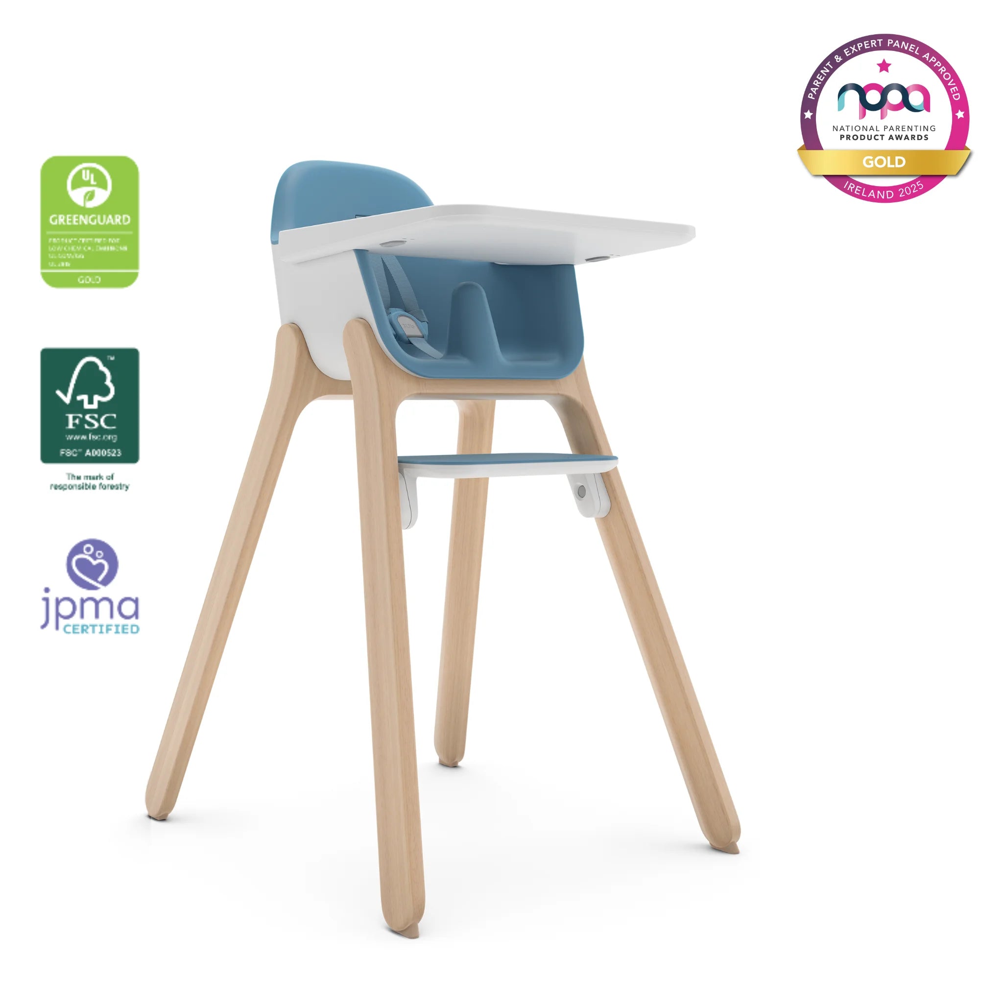 Ciro high chair with blue seat, white tray, and wood legs on a white background, with award and certification logos