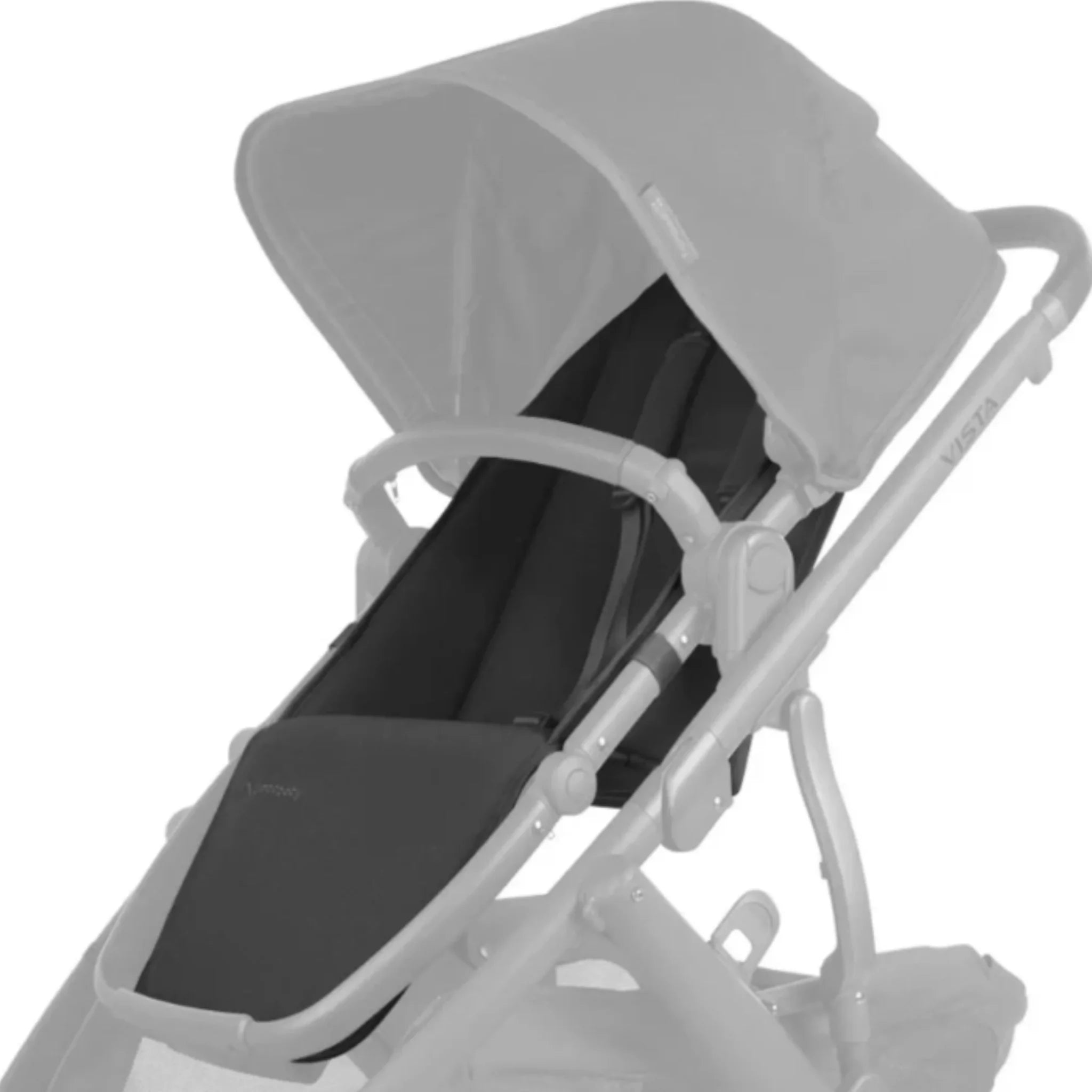 UPPAbaby Cruz replacement seat fabric in Jordan, black stroller seat with extended grey canopy on white background