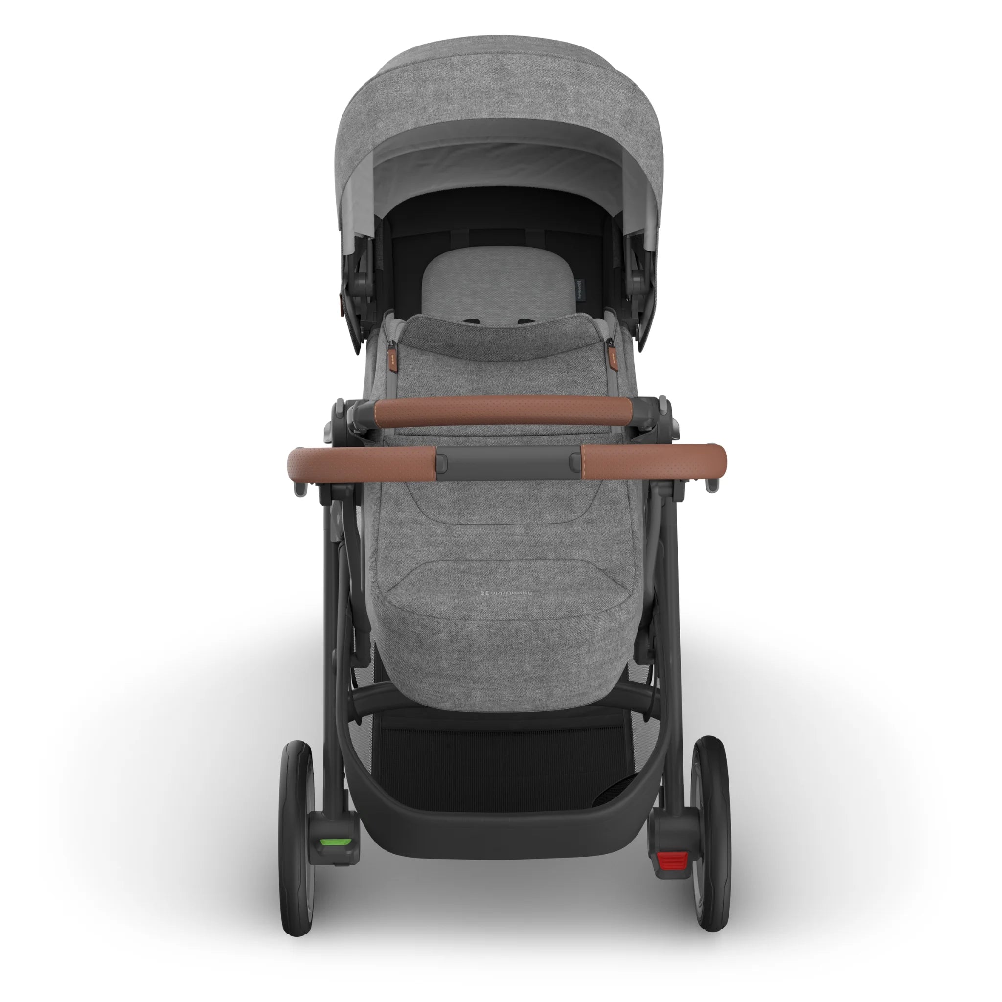 Front view of the UPPAbaby Cruz V3 Infant Cover in Greyson, featuring a grey melange newborn enclosure and protective canopy.