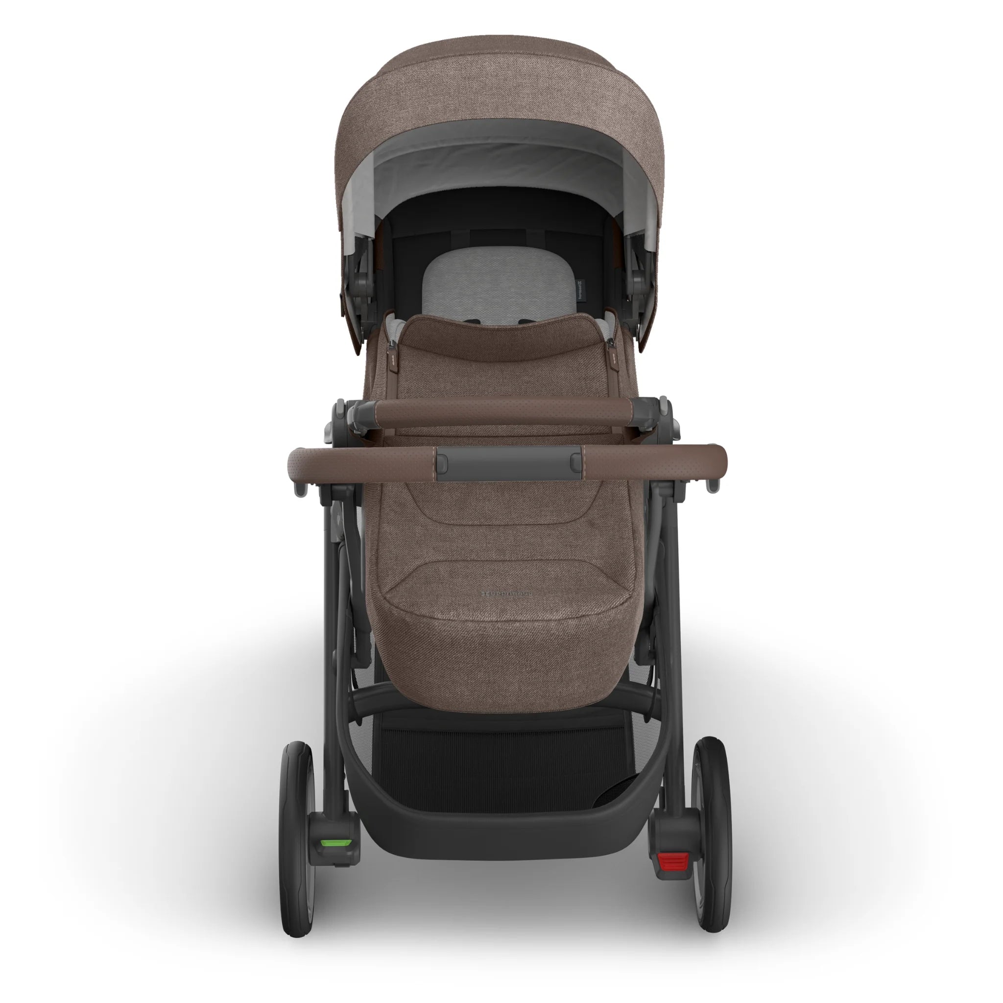 Front view of the UPPAbaby Cruz V3 stroller with the Infant Cover in Owen, showing the chestnut brown fabric canopy, protective infant cover and full stroller frame.