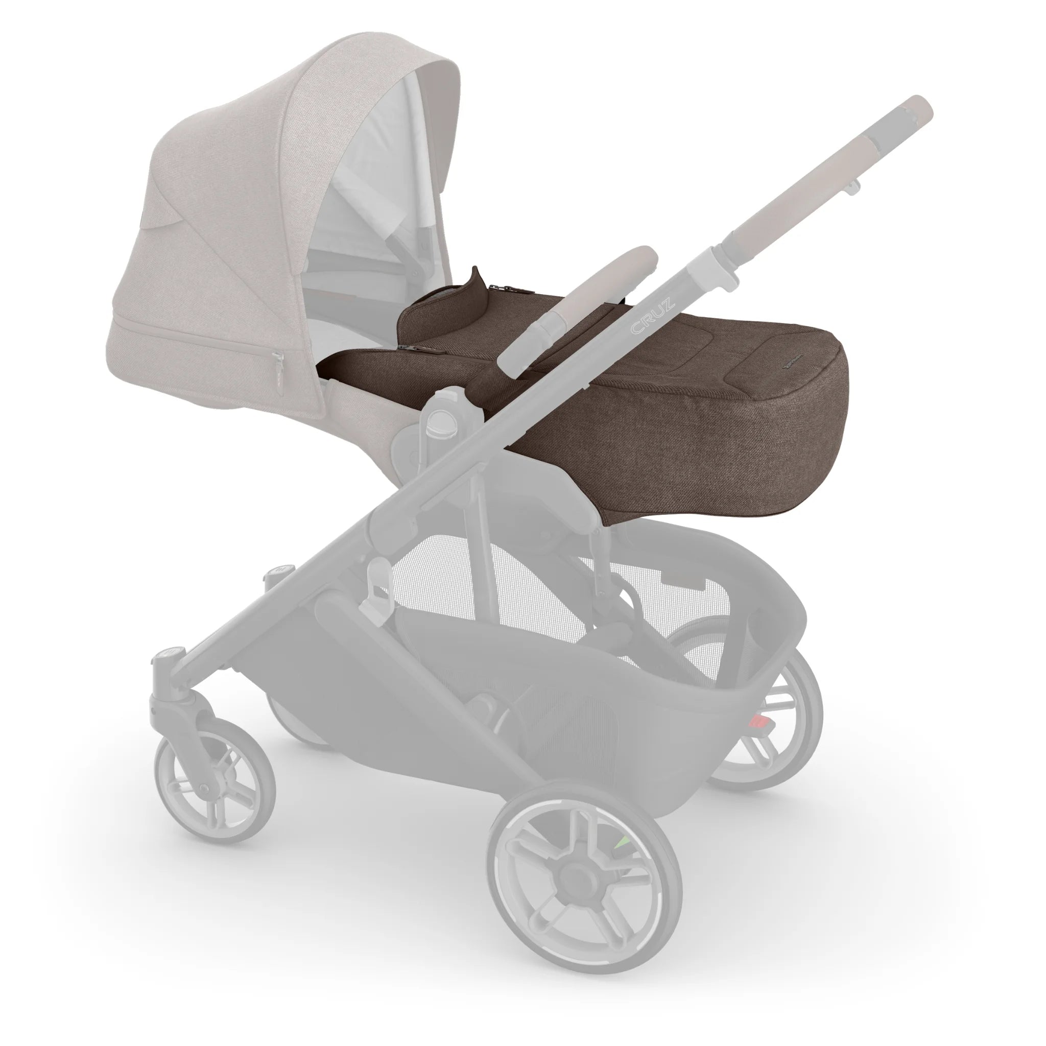 "UPPAbaby Infant Cover for Cruz V3 in Owen, featuring a chestnut brown newborn enclosure with a coordinating light taupe canopy."