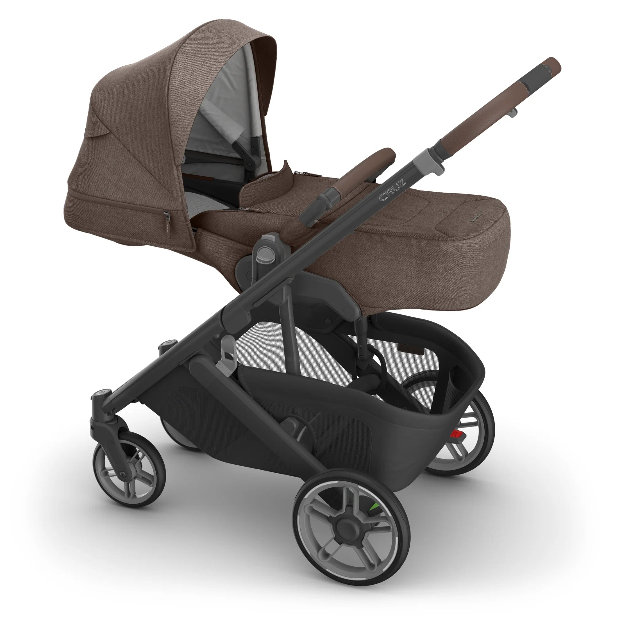 Side view of the UPPAbaby Cruz V3 stroller with the Infant Cover in Owen, featuring a chestnut brown canopy and newborn-ready enclosure.