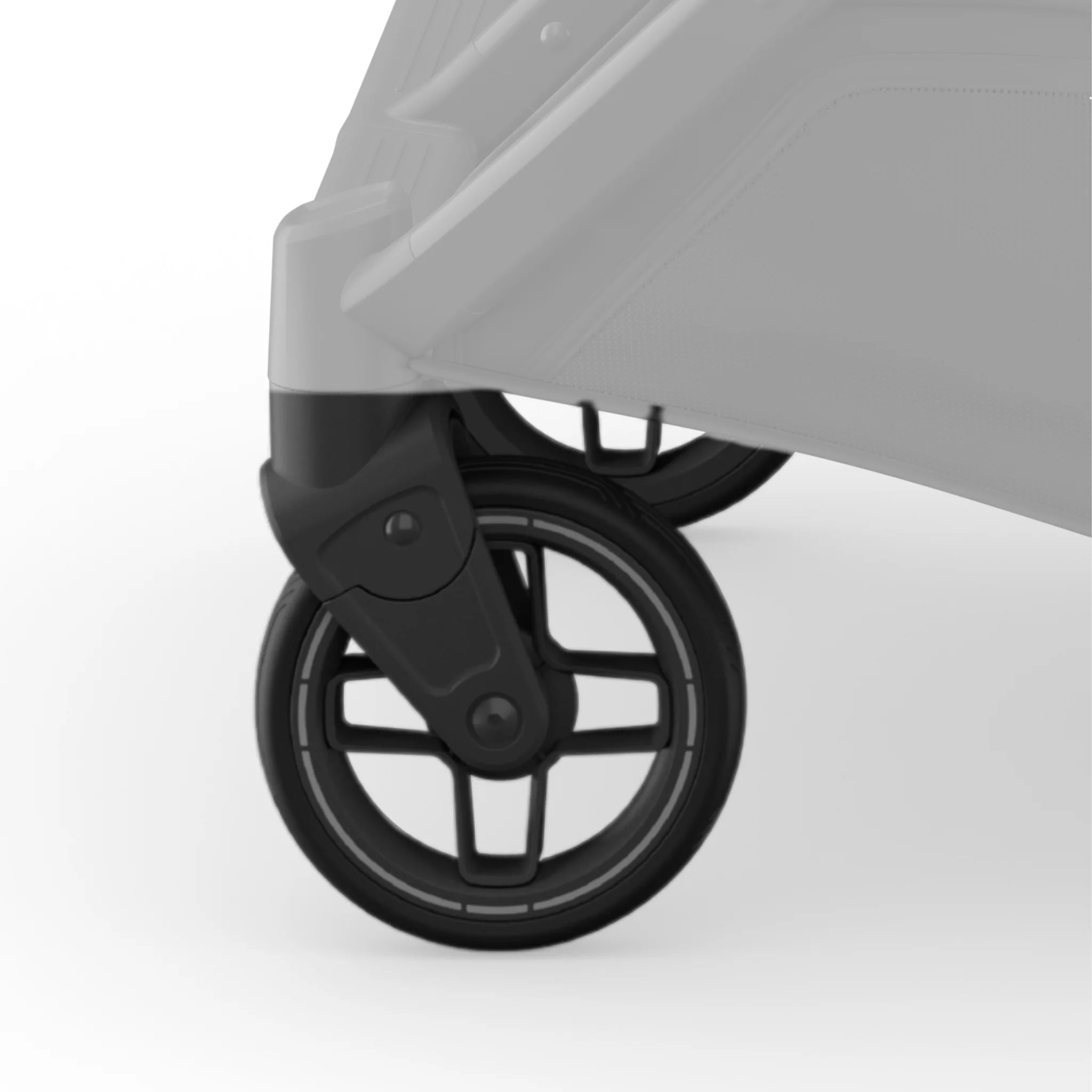 Close-up detail of the front wheel assembly on an UPPAbaby Minu Duo stroller, featuring durable all-terrain stroller wheels and sleek modern engineering on a neutral light gray background.