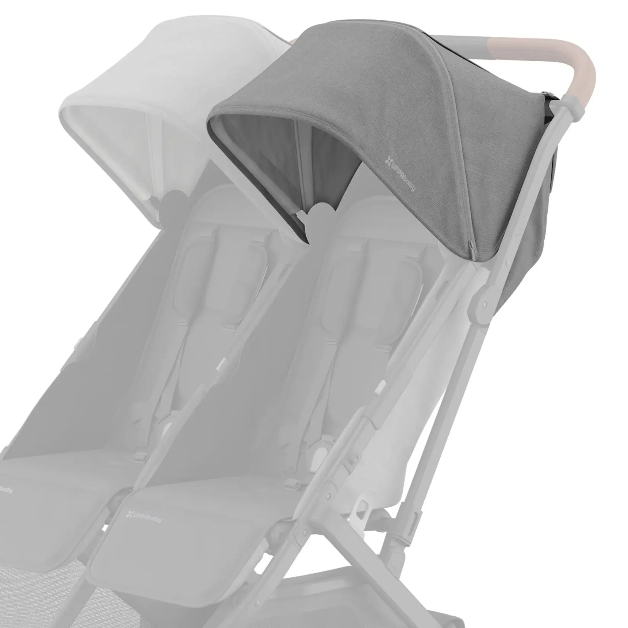 Gray replacement canopy fabric attached to the right side of a UPPAbaby Minu Duo double stroller frame, shown on a white background with the opposite canopy faded out.
