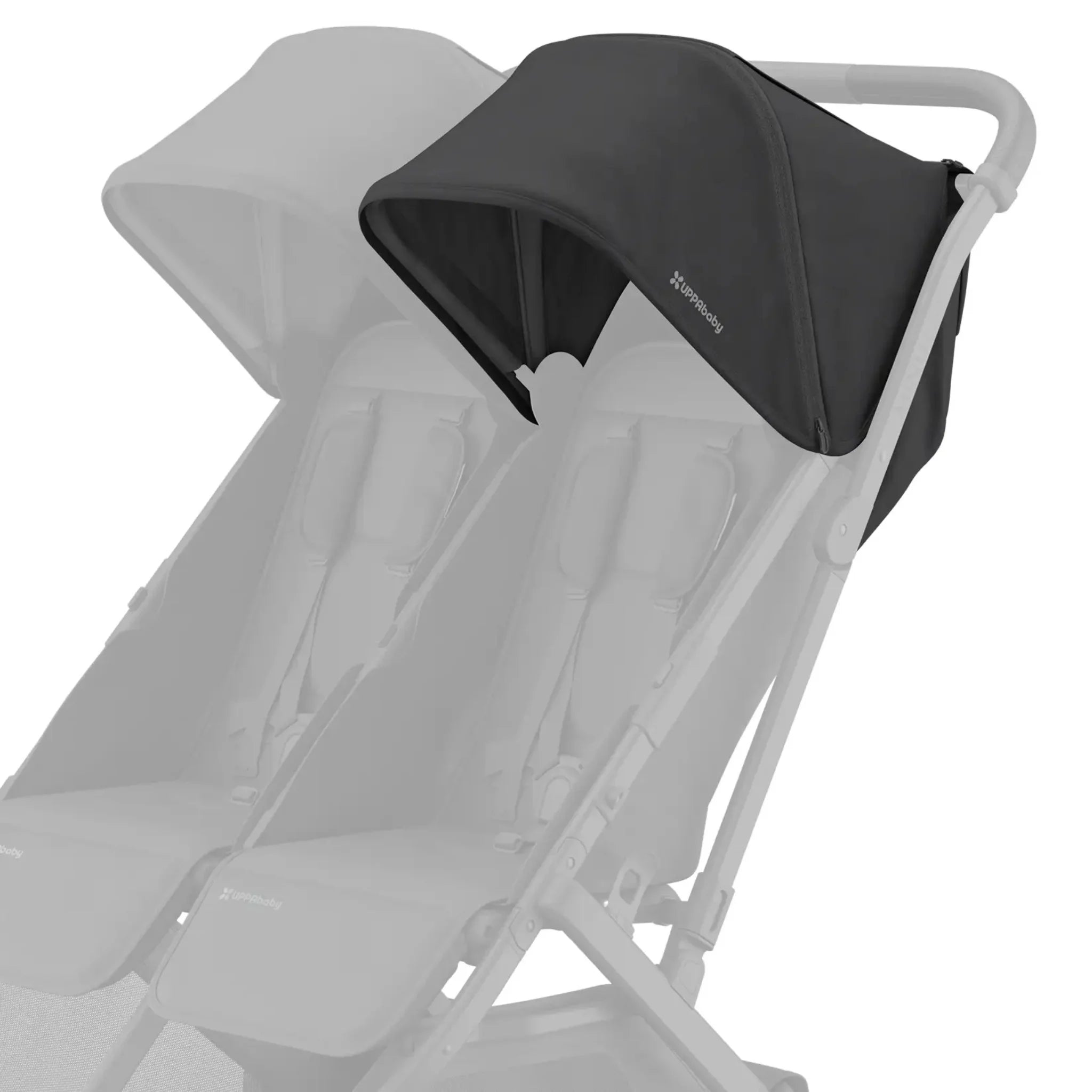 Black replacement canopy fabric attached to the right side of a UPPAbaby Minu Duo double stroller frame, shown on a white background with the opposite canopy faded out.