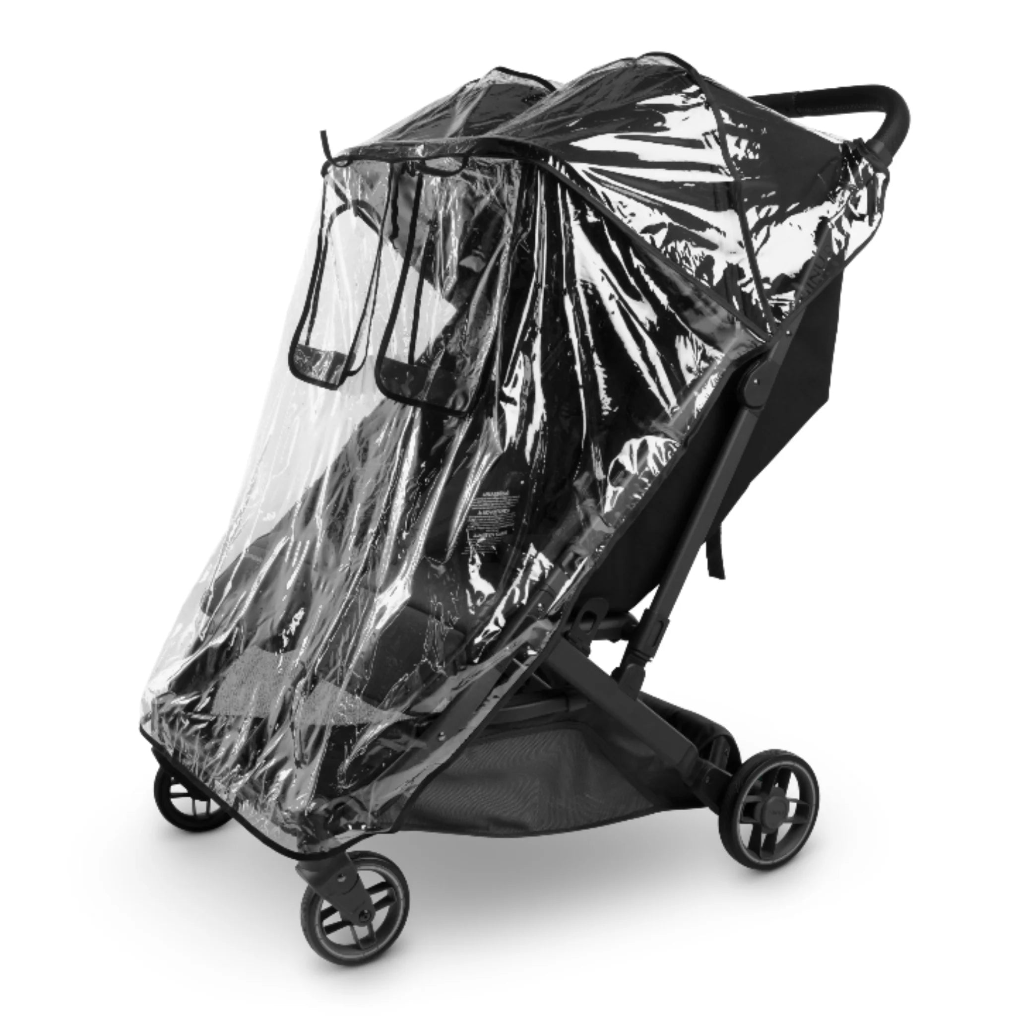 UPPAbaby Minu Duo rain shield fitted over the double stroller, hero product shot showing full clear waterproof cover on a white background.
