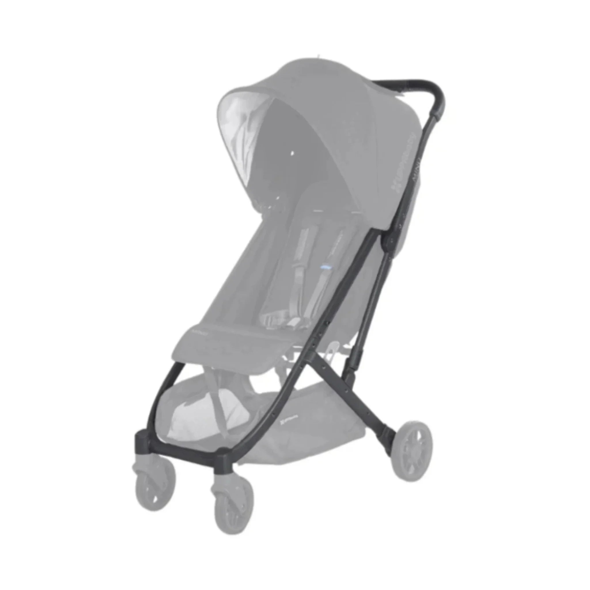 UPPAbaby Minu replacement frame (carbon) with black leather handlebar, shown fitted on stroller