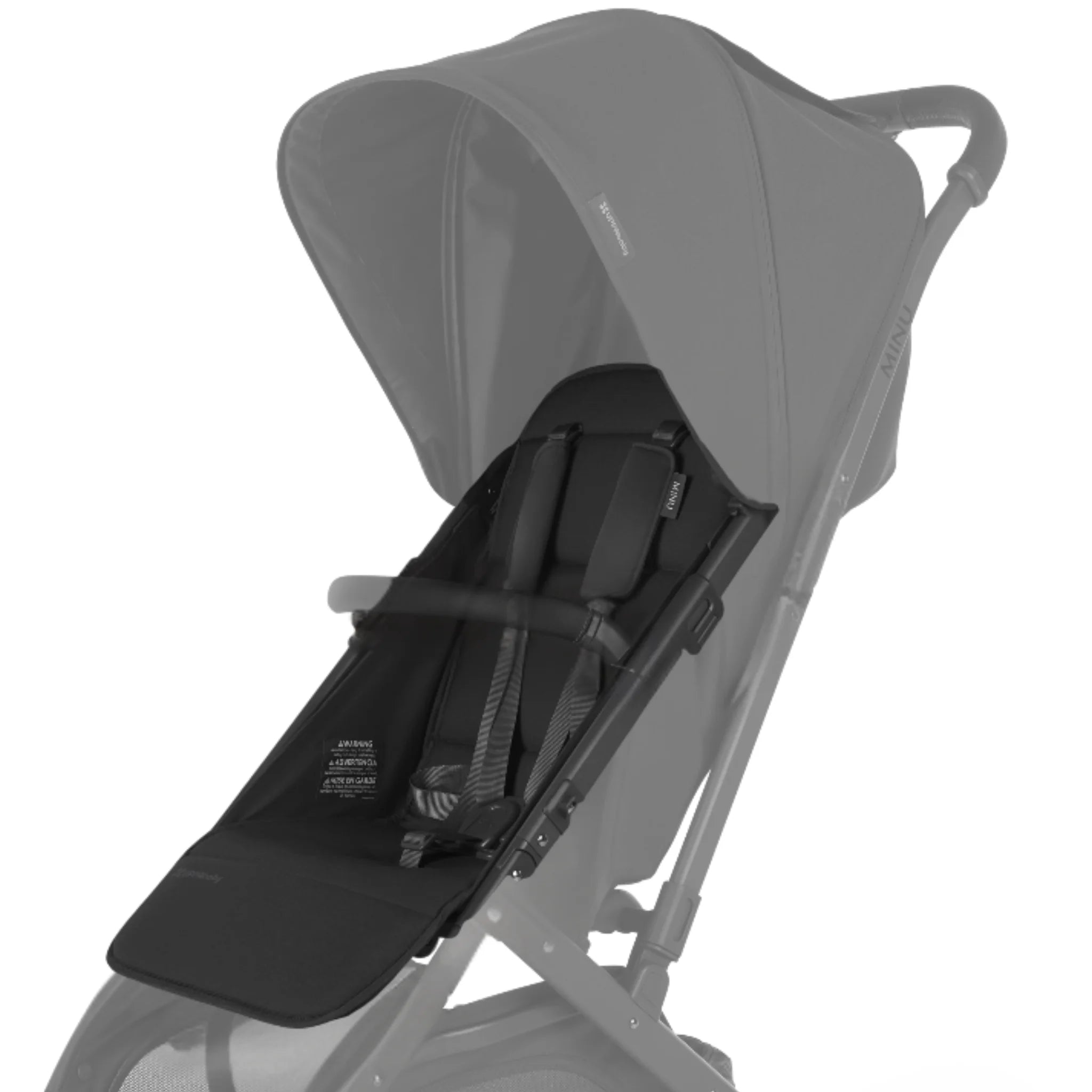 UPPAbaby Minu V2 replacement seat fabric in Jake, black stroller seat with matching canopy on white frame