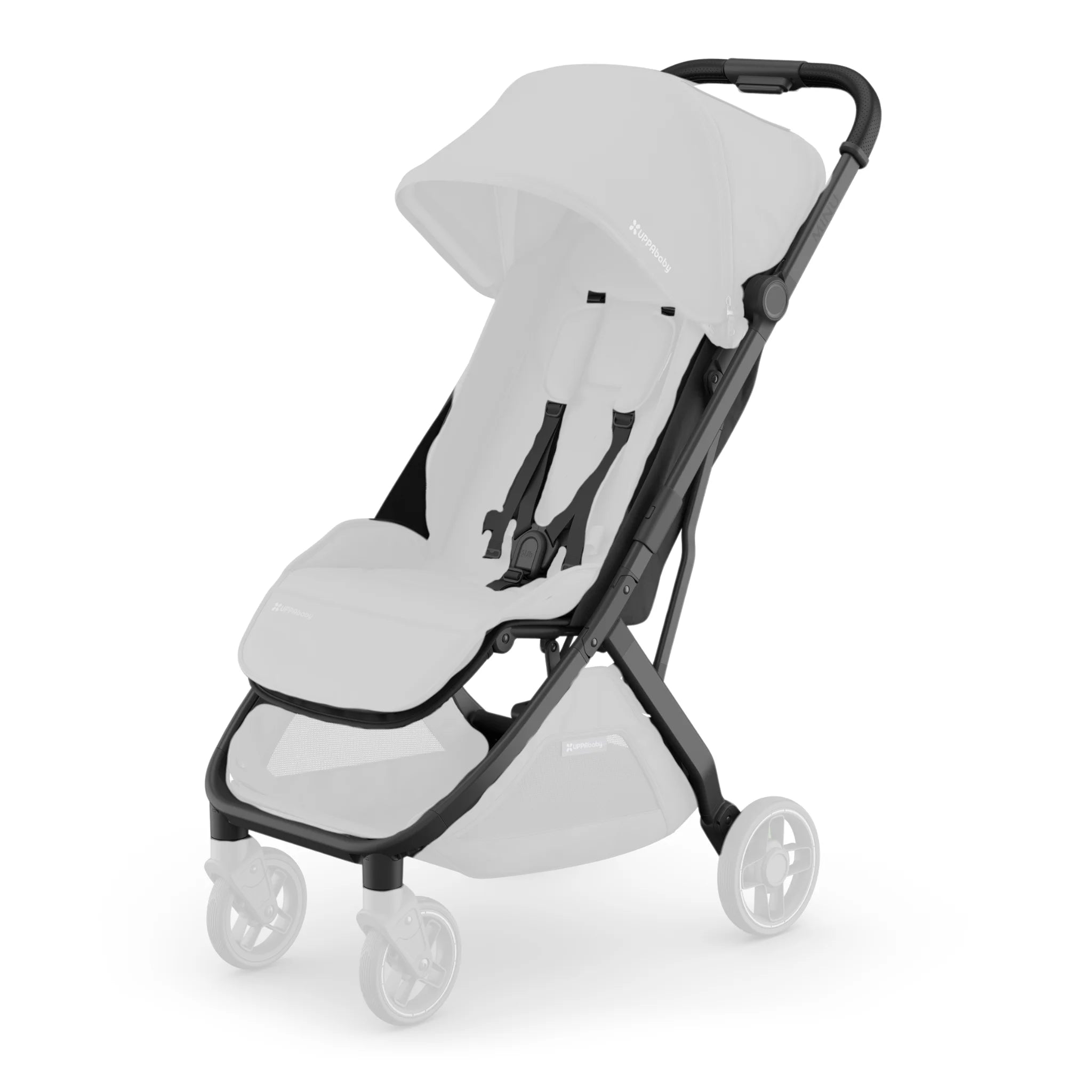 Full view of the UPPAbaby Minu V3 stroller base frame in black with a light seat and canopy, isolated on a white background with faded wheels to highlight the replacement frame assembly.