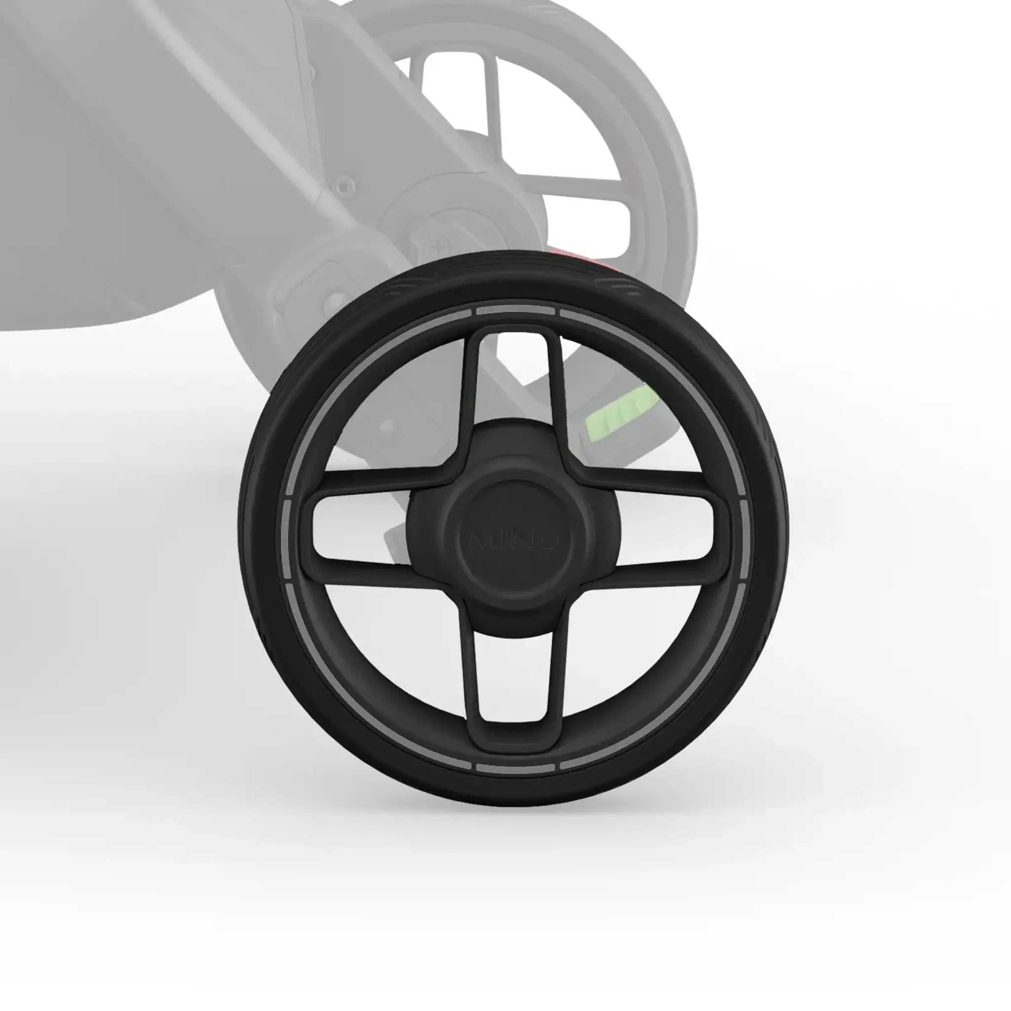 Close-up of the UPPAbaby Minu V3 rear wheel, showing the durable stroller wheel design for a smooth ride.