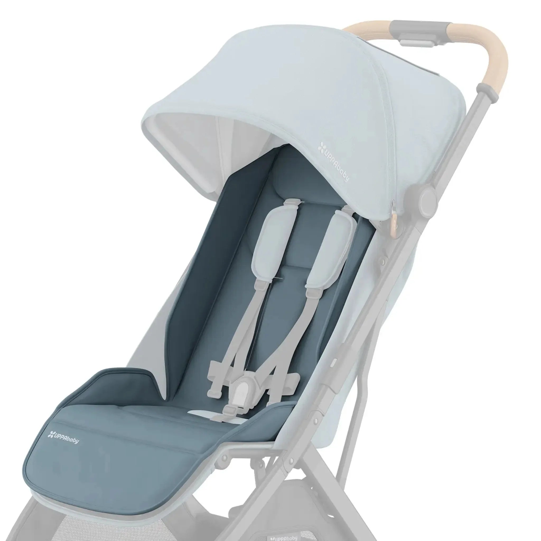 UPPAbaby Minu V3 stroller fitted with a blue Dillian seat liner, featuring white harness straps and a matching canopy, displayed on a white background.