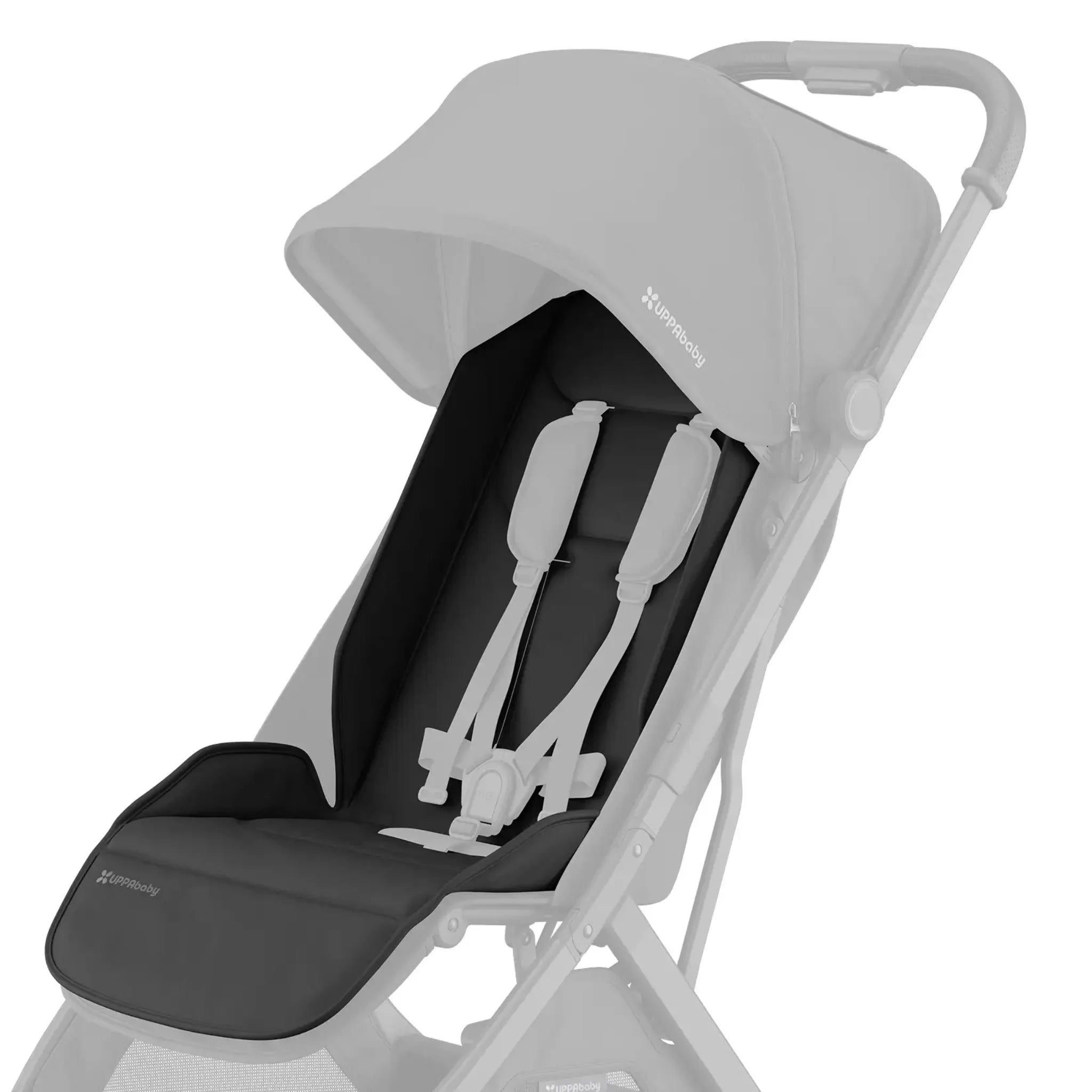 UPPAbaby Minu V3 stroller fitted with a black Jake seat liner, featuring white harness straps and a matching dark canopy, displayed on a white background.