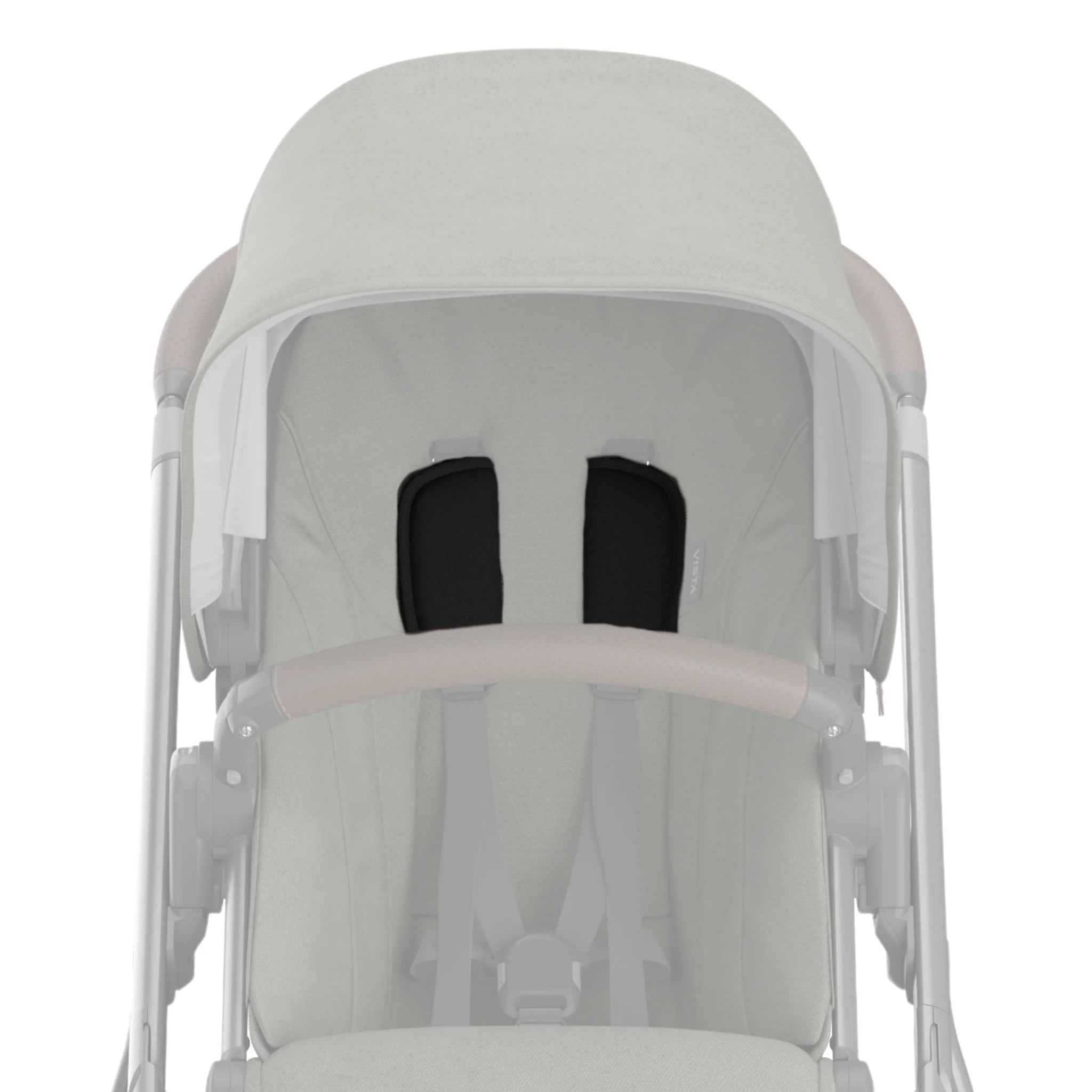 UPPAbaby replacement harness strap pads in black installed on stroller seat, baby pushchair accessory