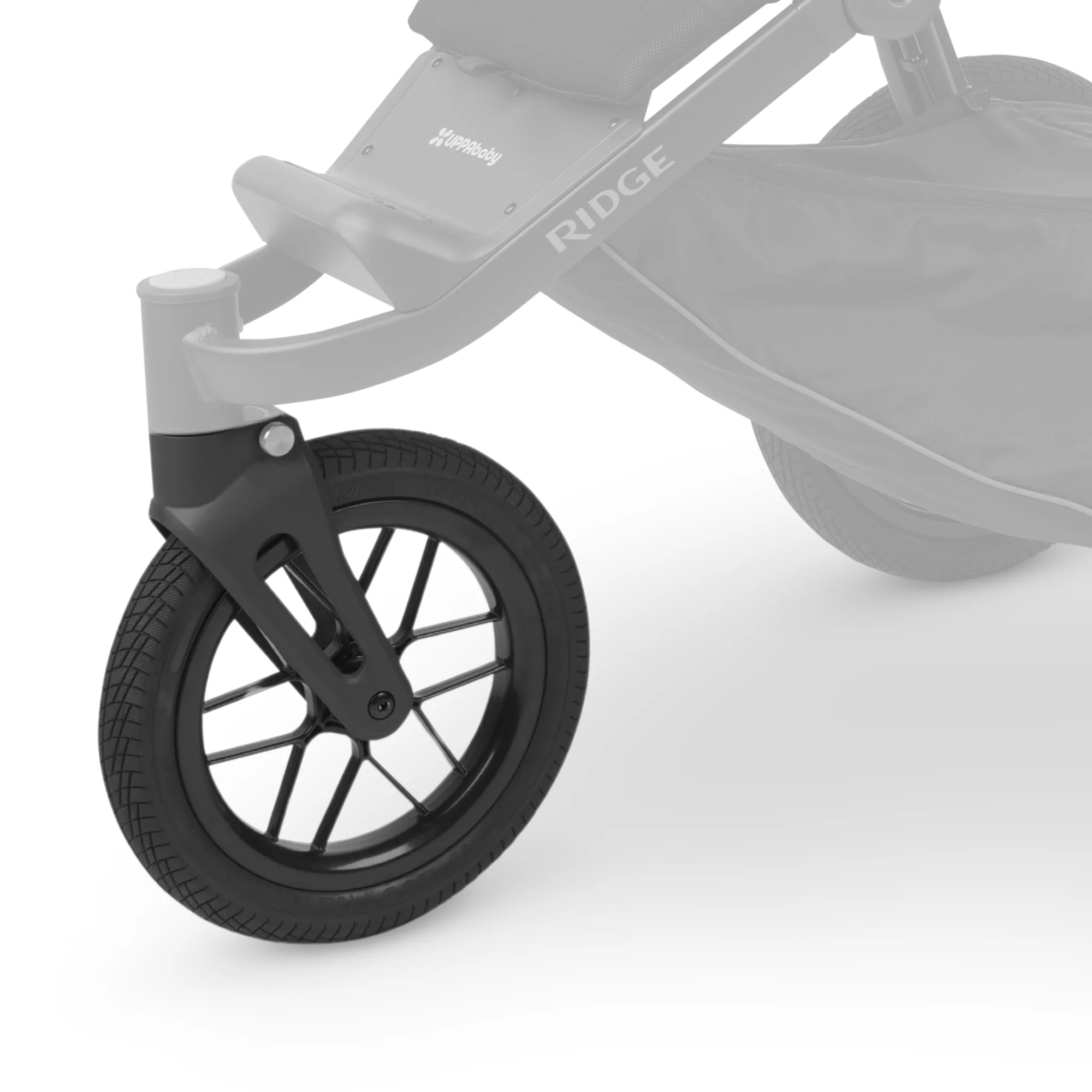 Close-up of the replacement front wheel attached to a UPPAbaby Ridge stroller frame, with the black wheel and fork assembly in sharp focus and the rest of the stroller faded on a white background.