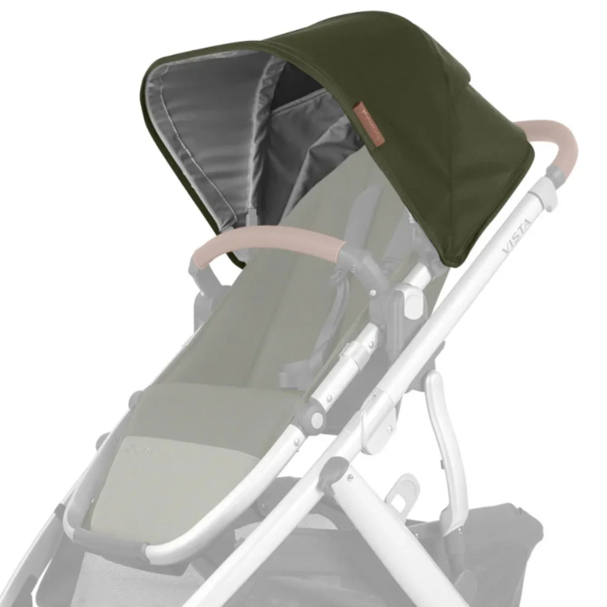 UPPAbaby Vista V2 canopy fabric in Hazel, olive green stroller canopy on white frame