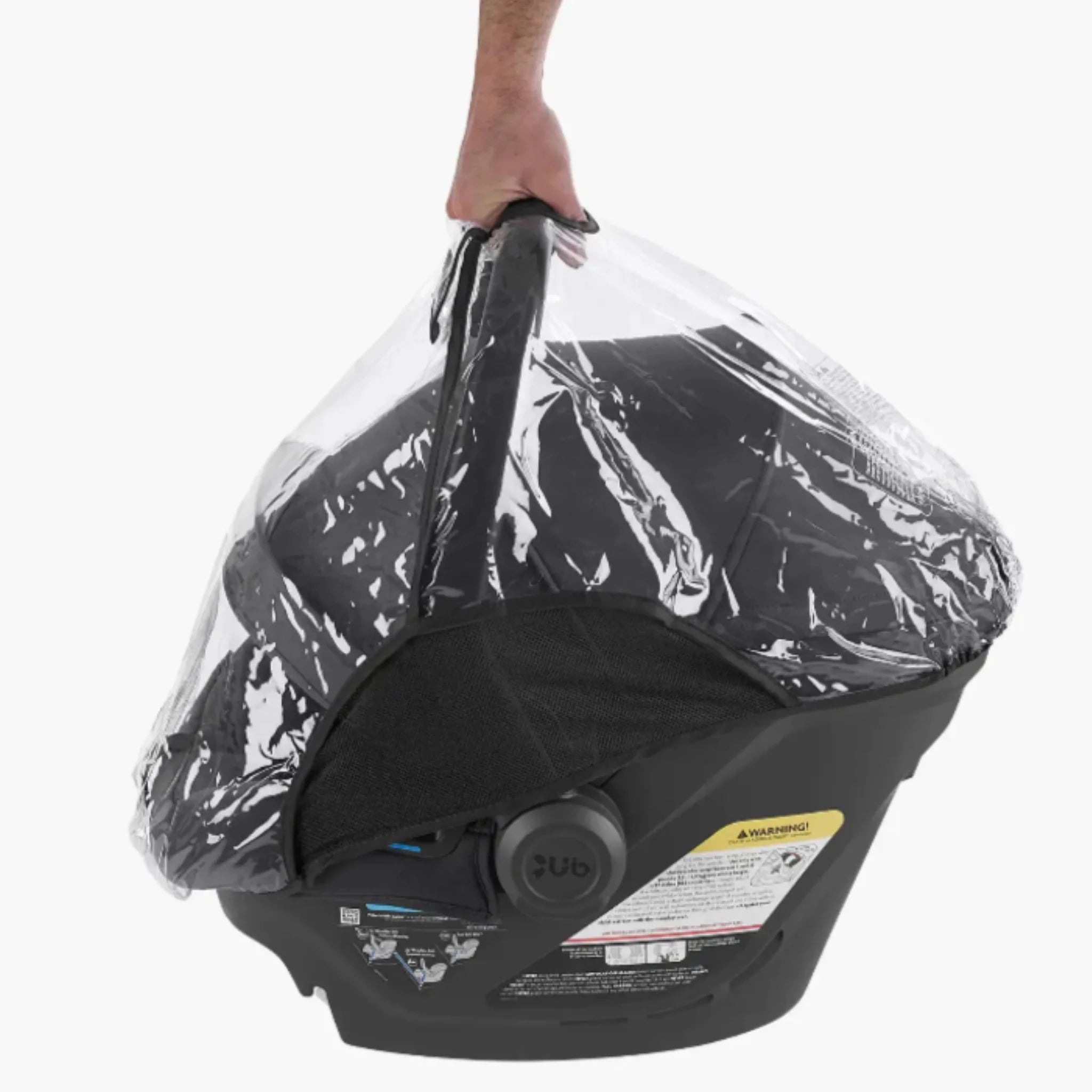 UPPAbaby MESA i-SIZE infant car seat with clear rain cover, shown being carried by the handle on a white background.