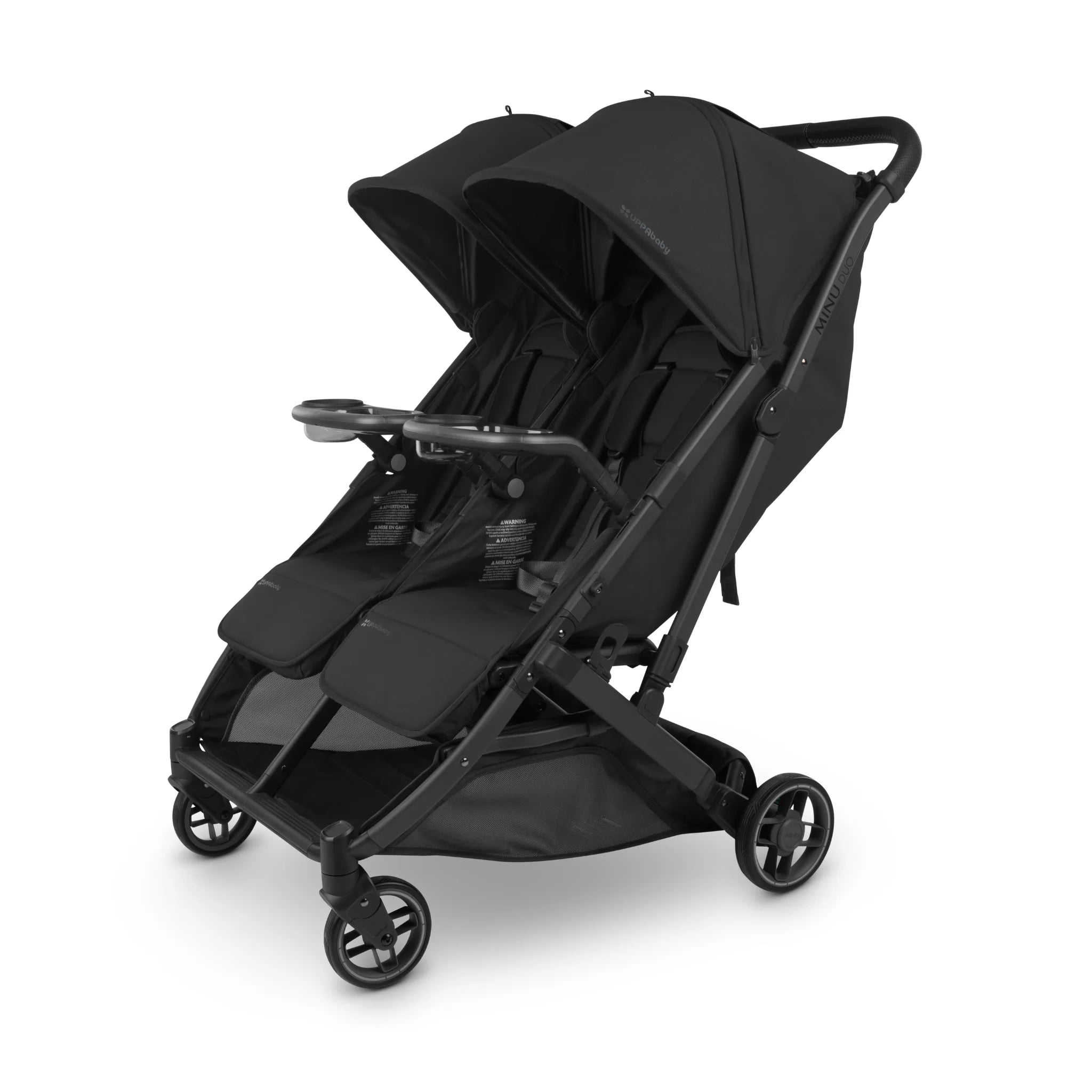 UPPAbaby Minu Duo double stroller with the snack tray attached, on a white background.