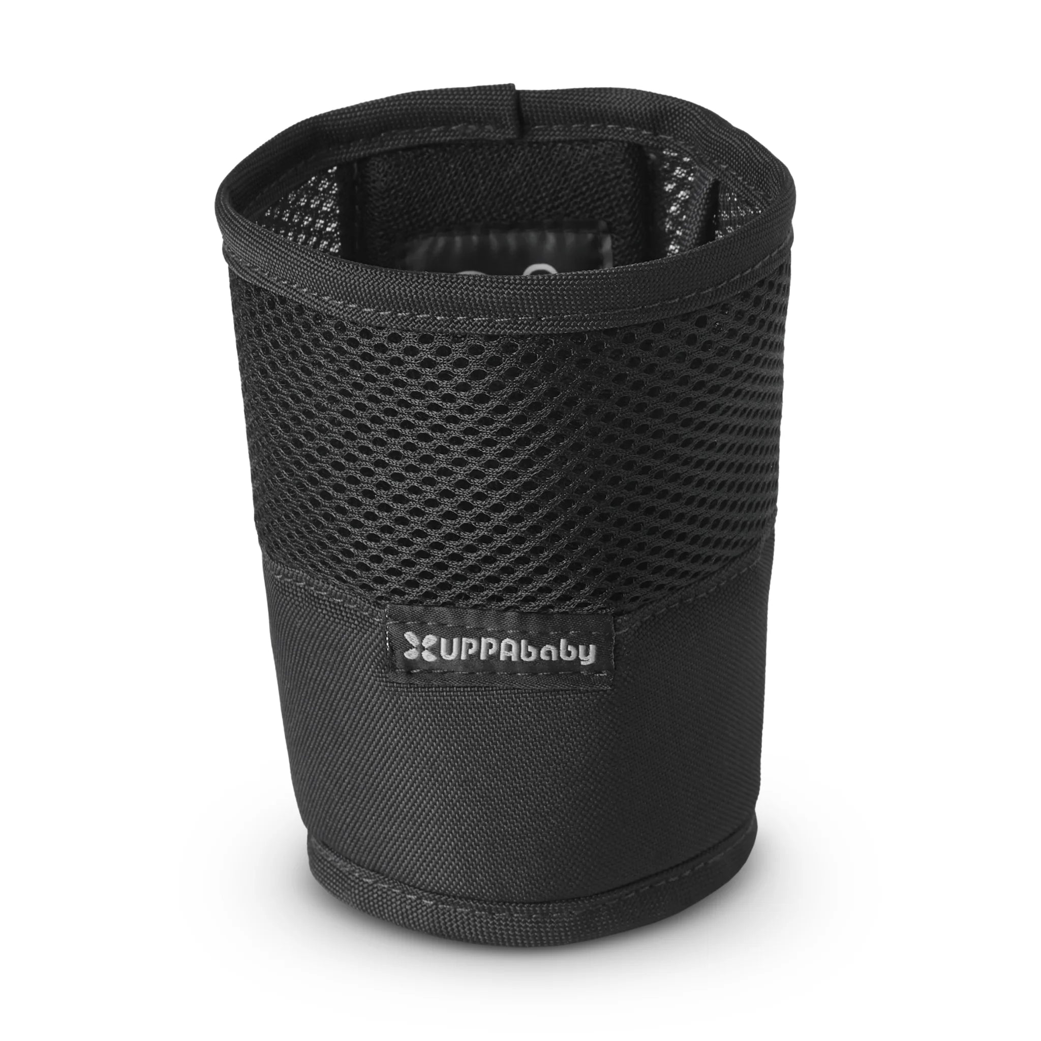 UPPAbaby Ridge collapsible cup holder in black mesh fabric with structured base, shown on a white background.
