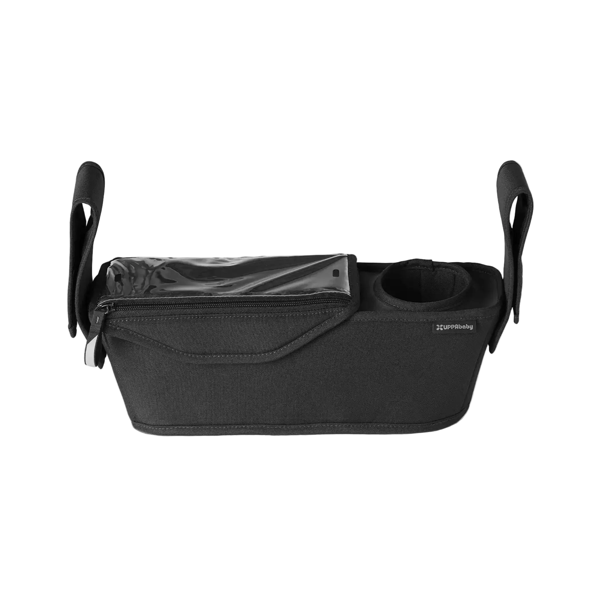 UPPAbaby Ridge parent console organiser with zip pocket and cup holder, on white background.