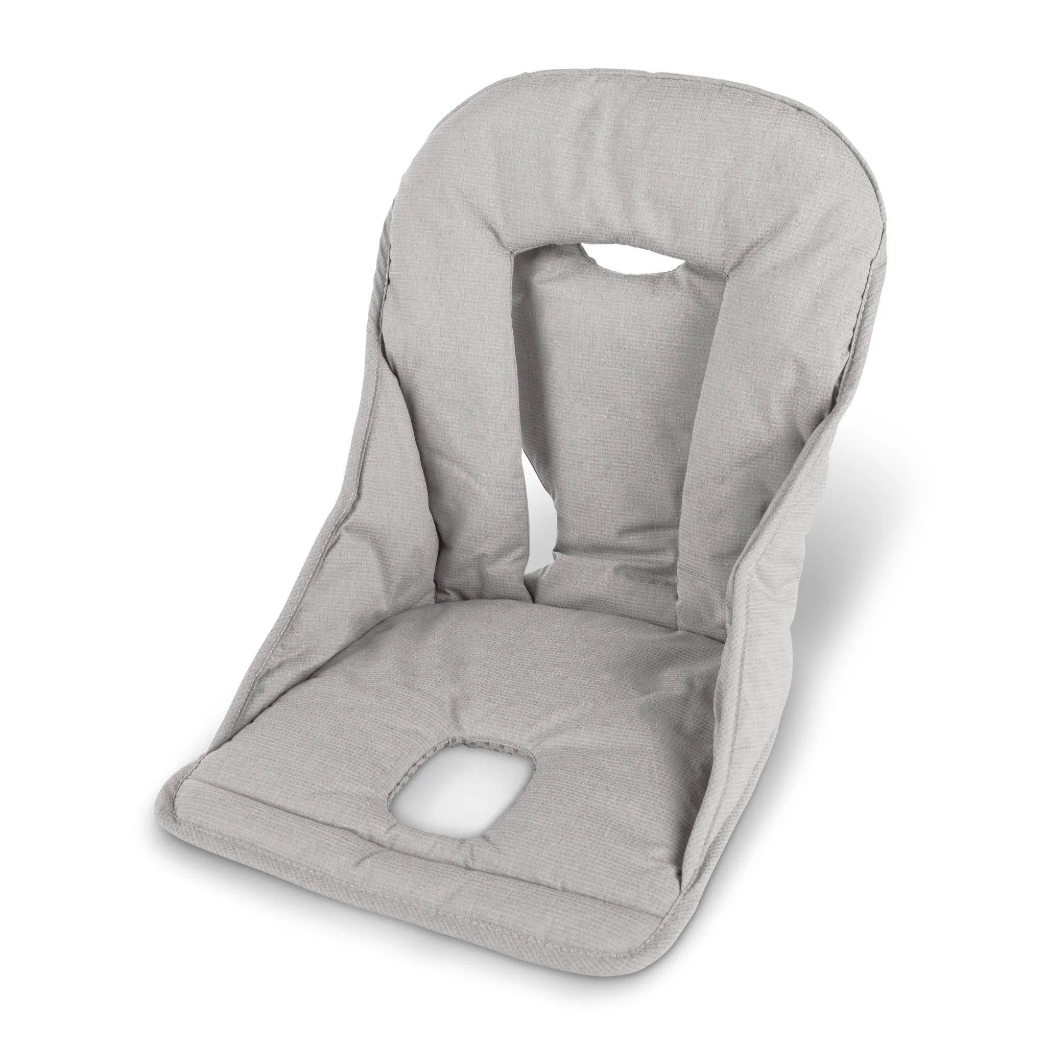Grey high chair accessory cushion on white background.