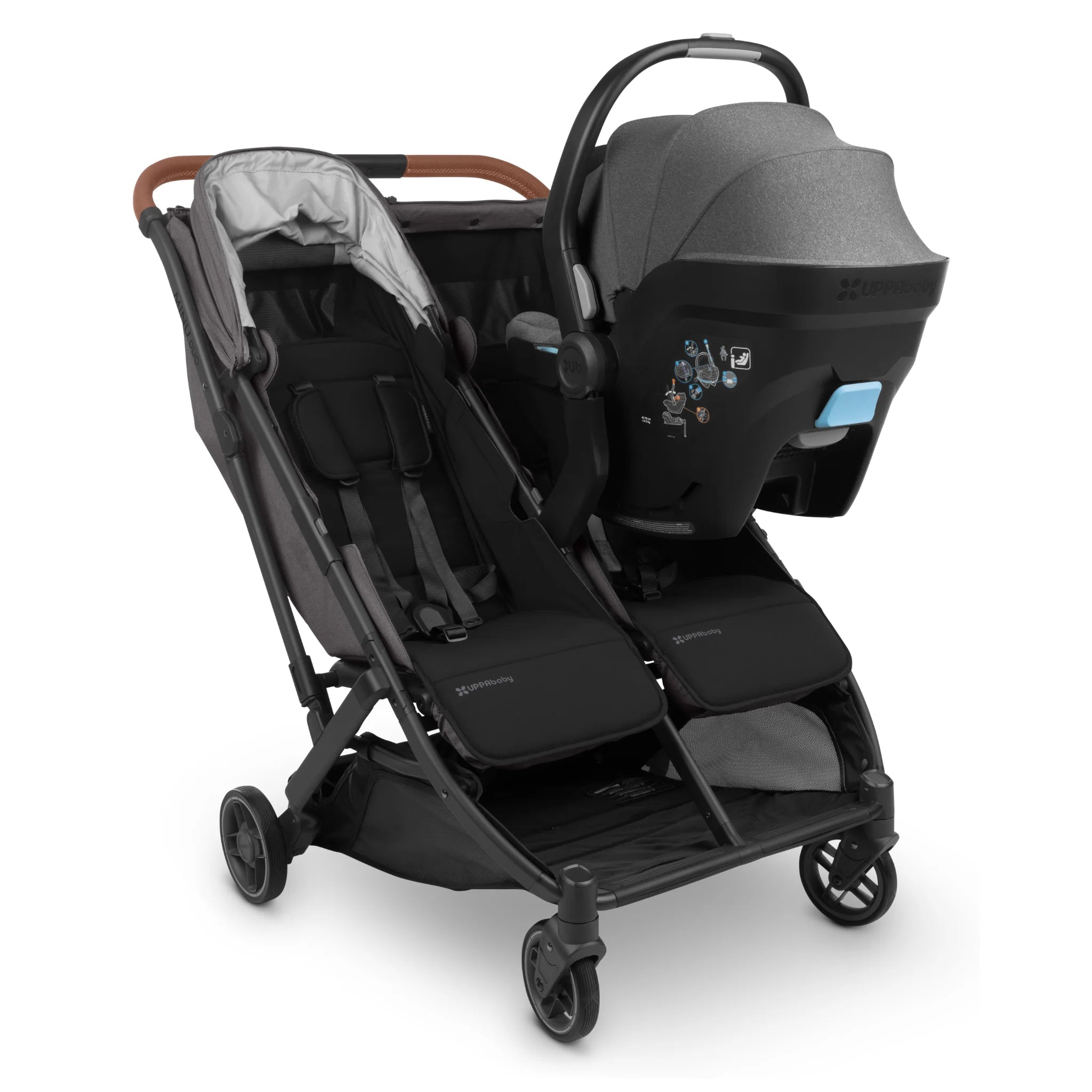 Minu duo mesa i-size adapters, in grey,on display on a buggy,with carseat, on a white background.