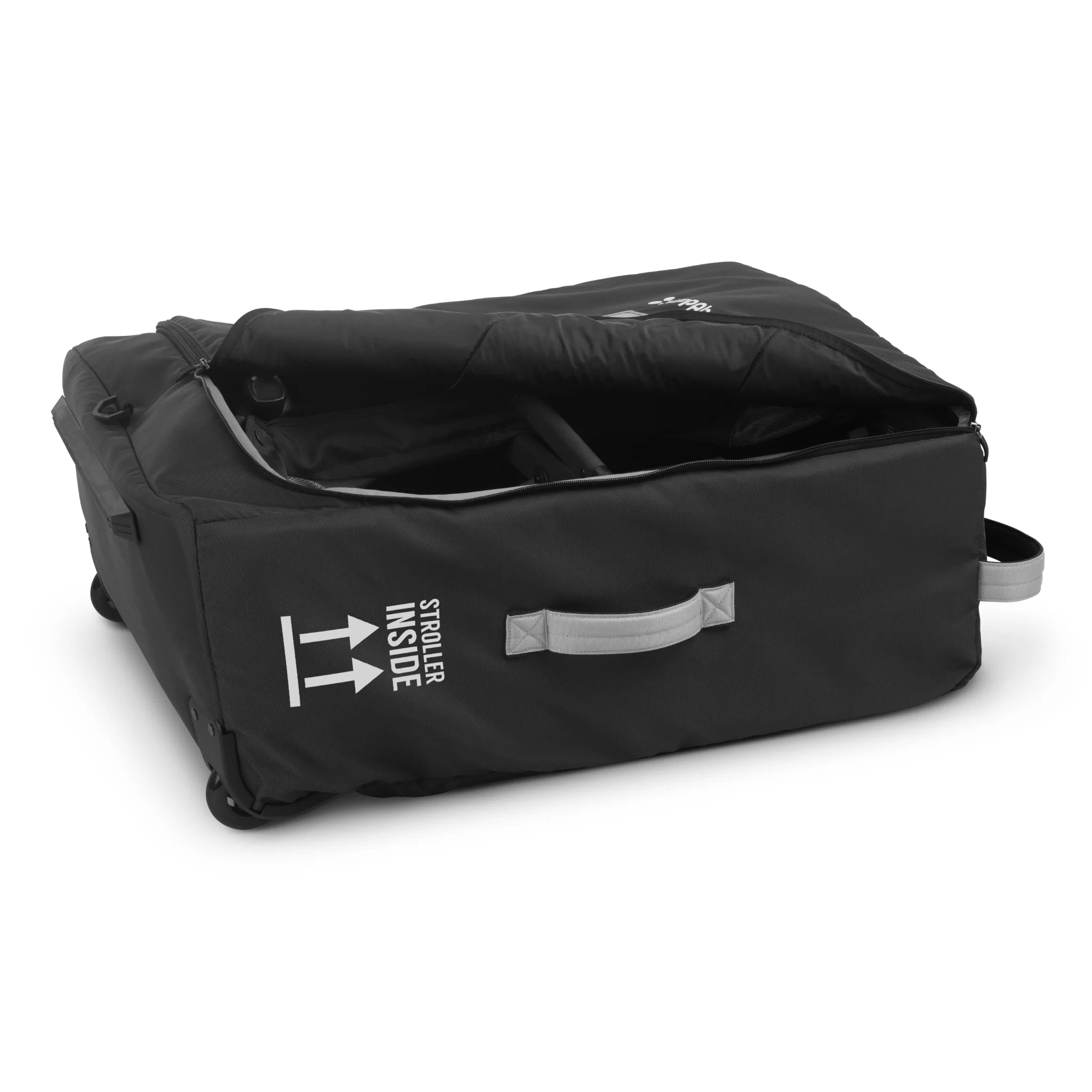 Minu duo travel bag unzipped, on a white background.