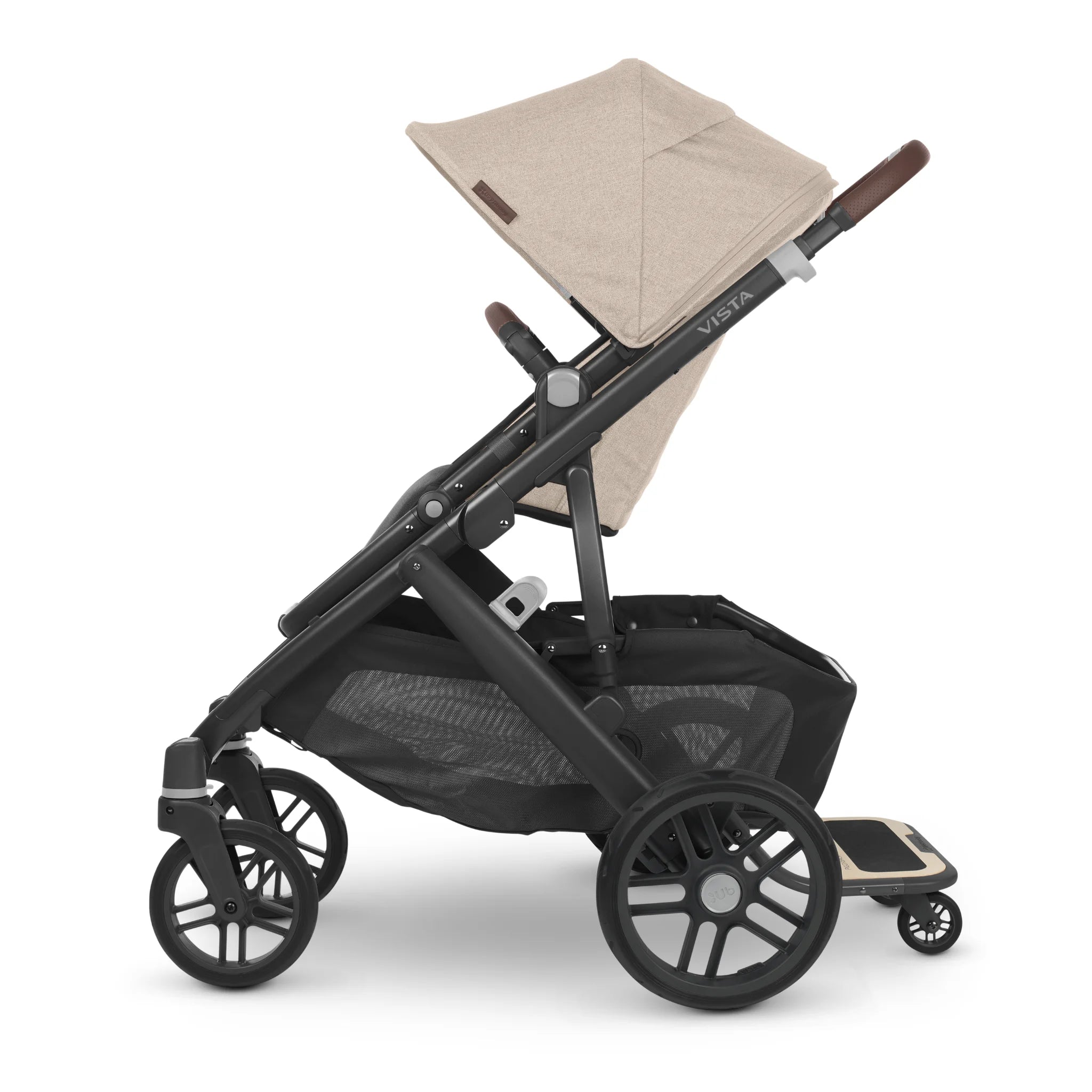 Vista buggy with vista piggyback board on it, in a white background.