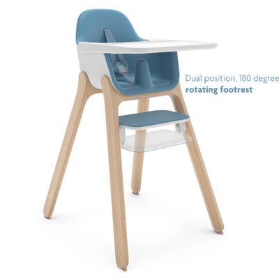 Ciro high chair with blue seat and white tray on a white background, showing the dual-position rotating footrest.