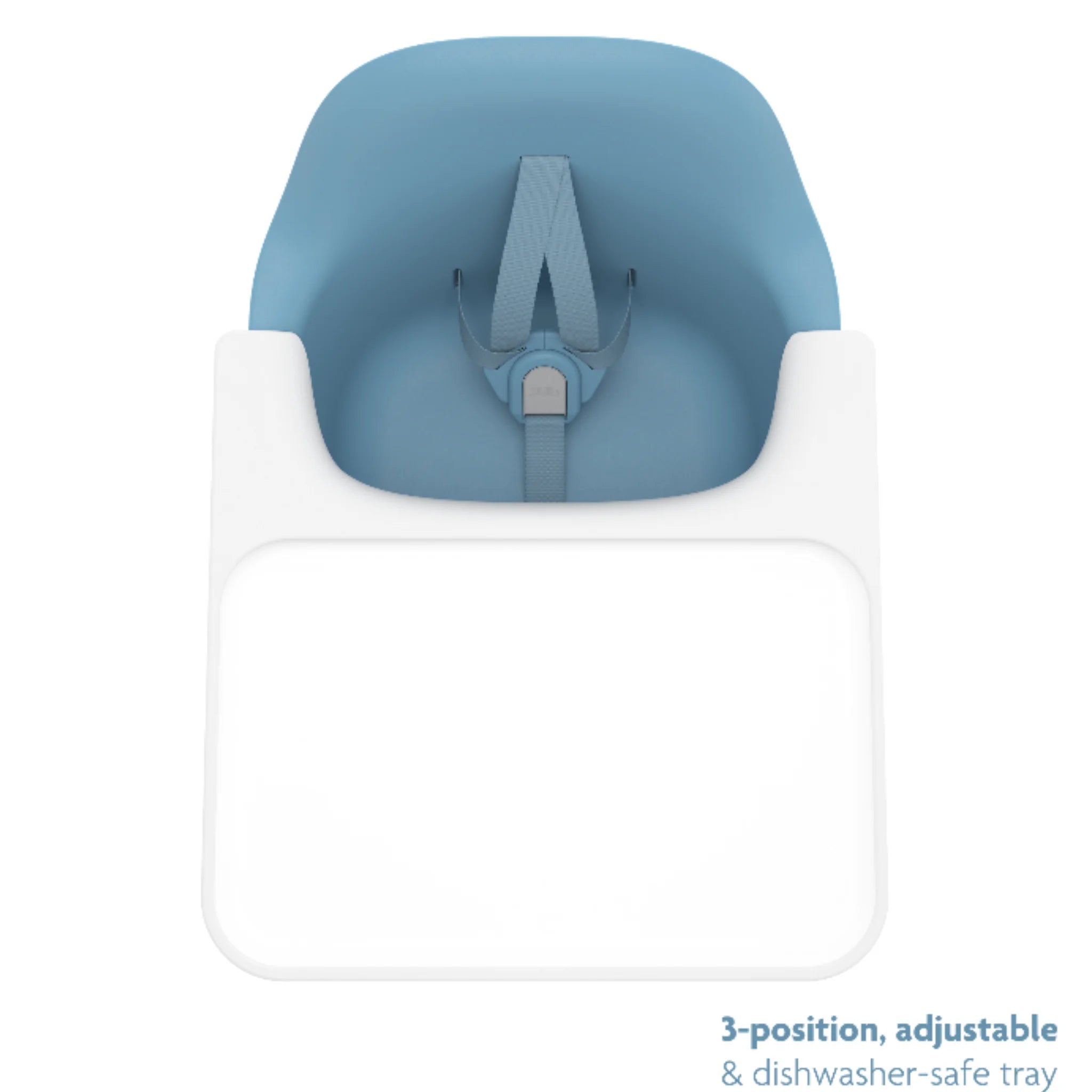 Top view of the Ciro high chair with blue seat and white tray, showing the 3-position adjustable, dishwasher-safe tray.