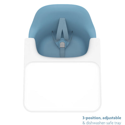 Top view of the Ciro high chair with blue seat and white tray, showing the 3-position adjustable, dishwasher-safe tray.