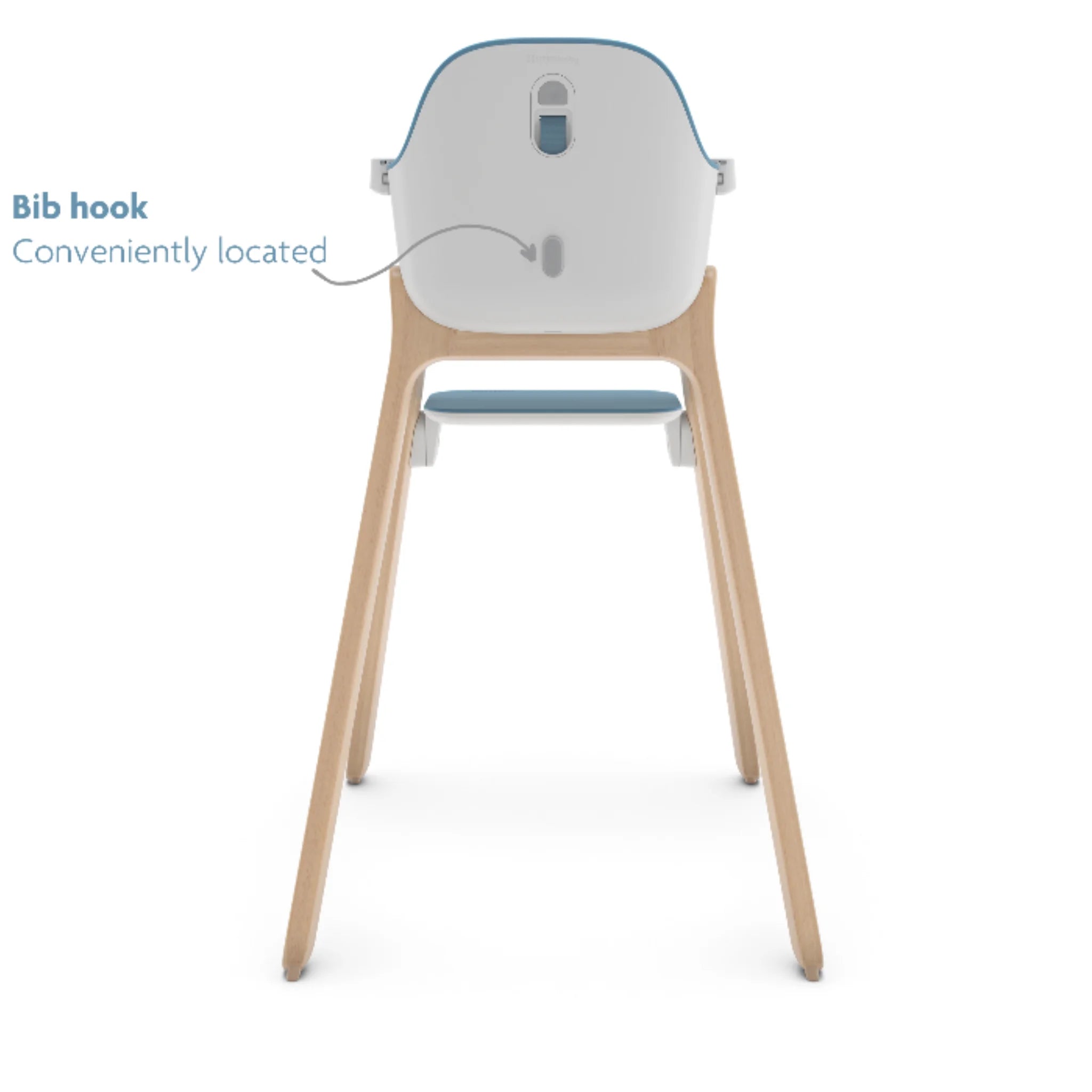 Rear view of the Ciro high chair showing the built-in bib hook on the backrest, on a white background