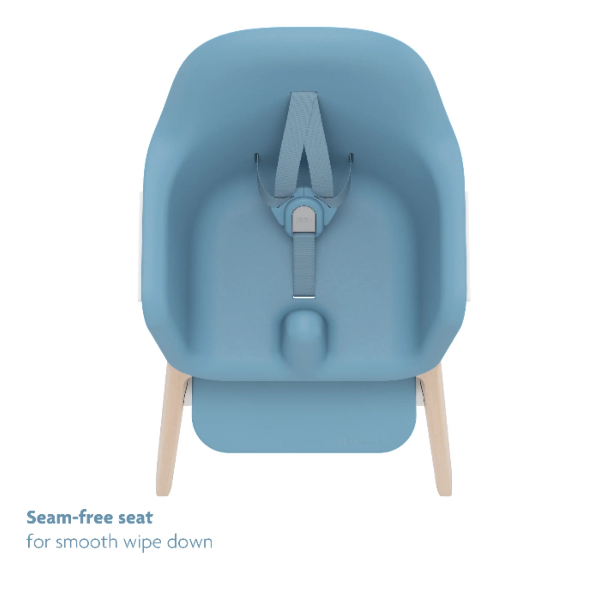 Top-down view of the blue Ciro high chair seat on a white background, highlighting the seam-free, wipe-clean design