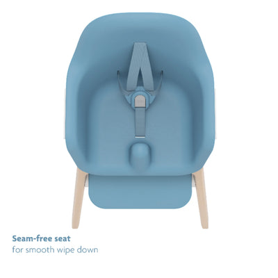 Top-down view of the blue Ciro high chair seat on a white background, highlighting the seam-free, wipe-clean design