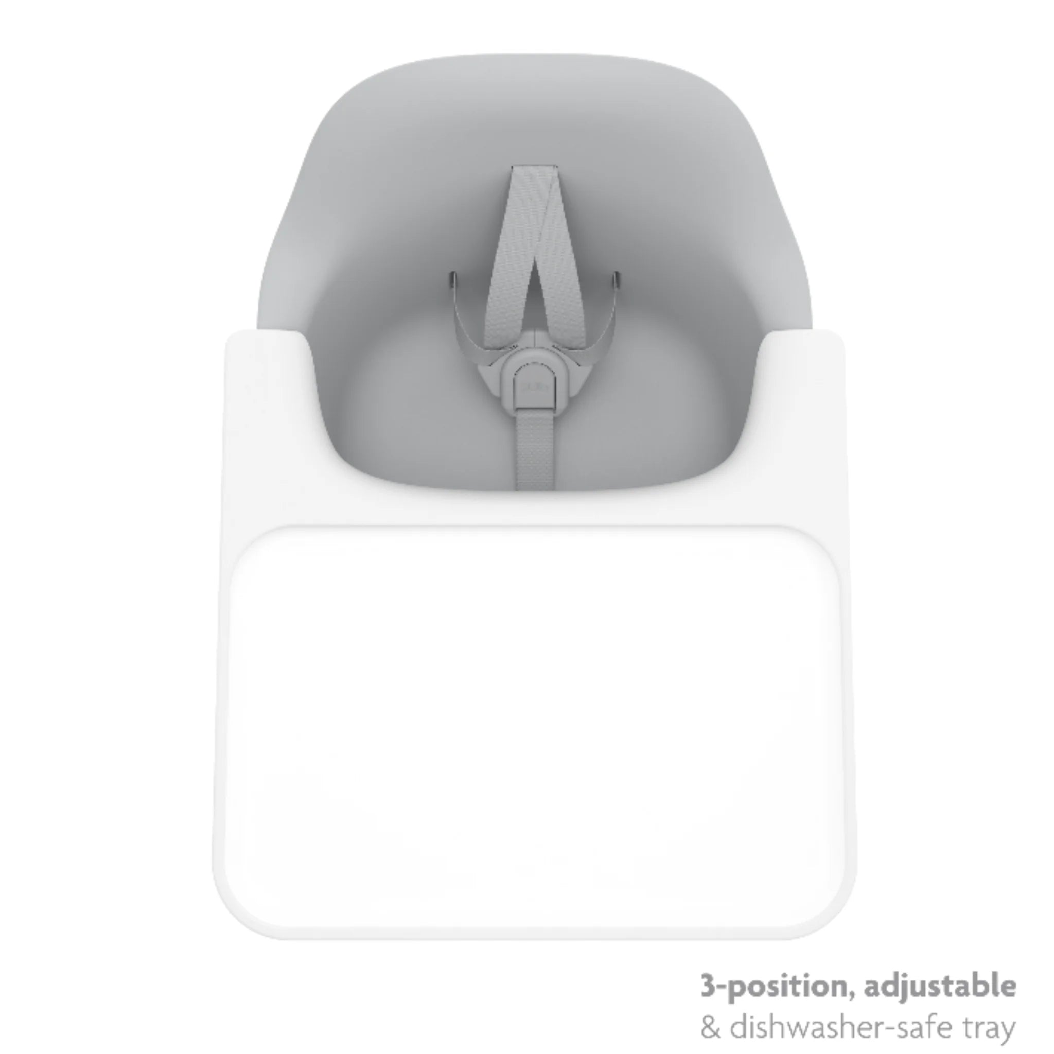 Top-down view of the Ciro high chair seat with tray attached, showing the adjustable 3-position tray.