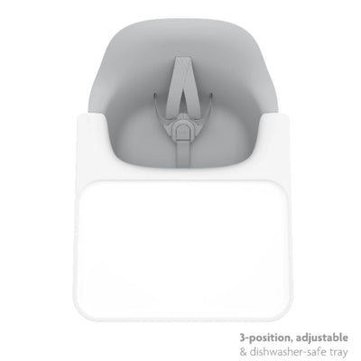 Top-down view of the Ciro high chair seat with tray attached, showing the adjustable 3-position tray.