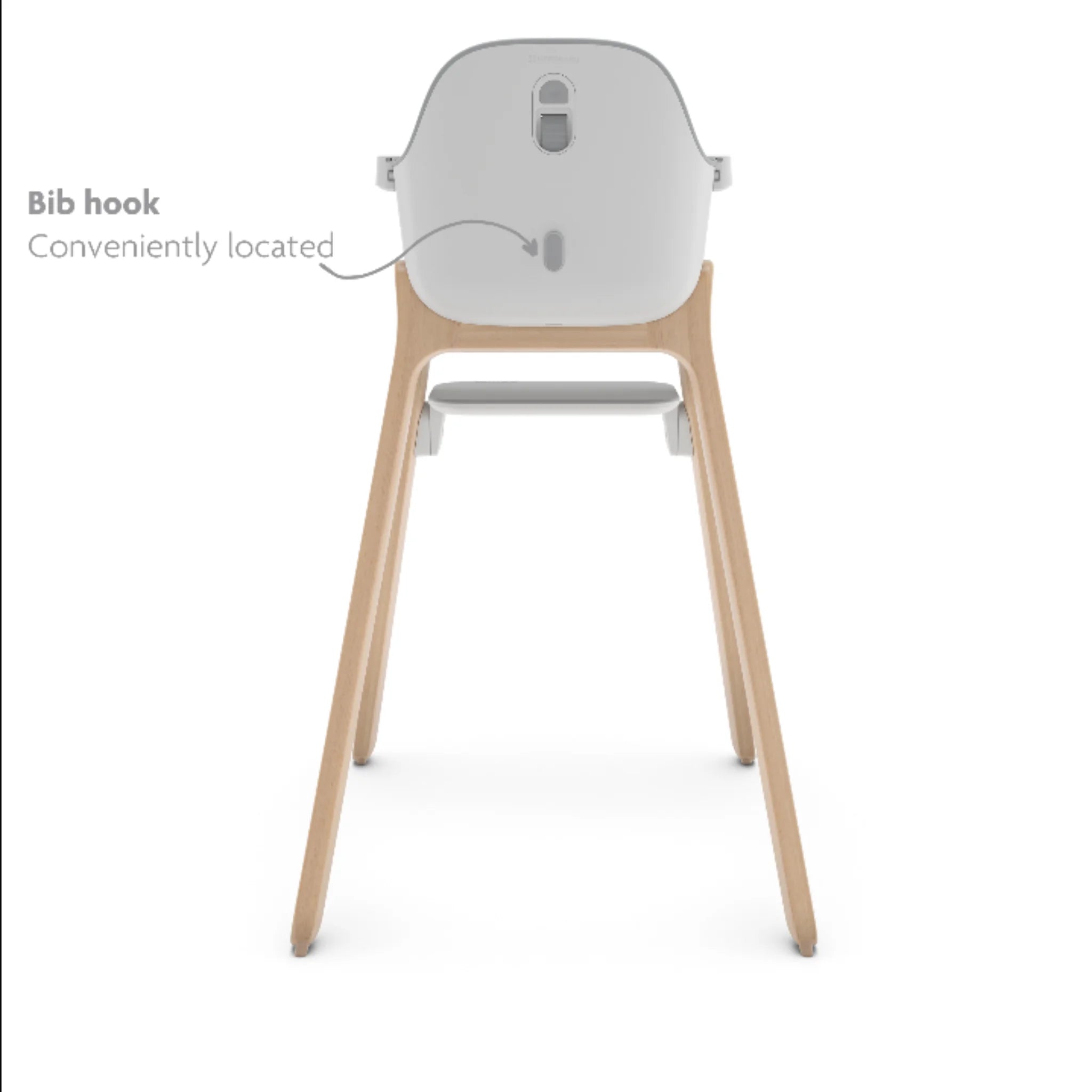 Back view of the Ciro high chair highlighting the built-in bib hook on the rear of the seat.