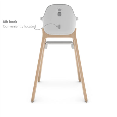Back view of the Ciro high chair highlighting the built-in bib hook on the rear of the seat.