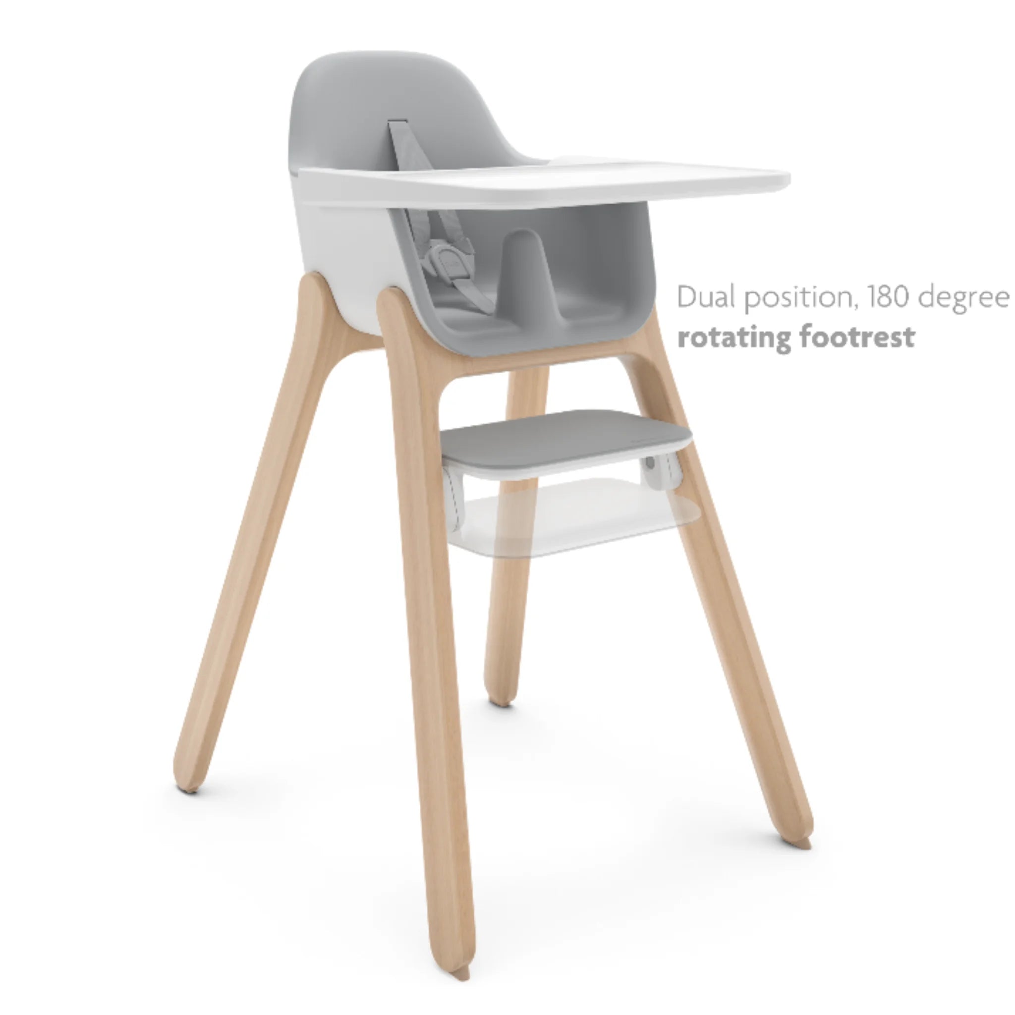 “Ciro high chair with dual-position, 180-degree rotating footrest highlighted