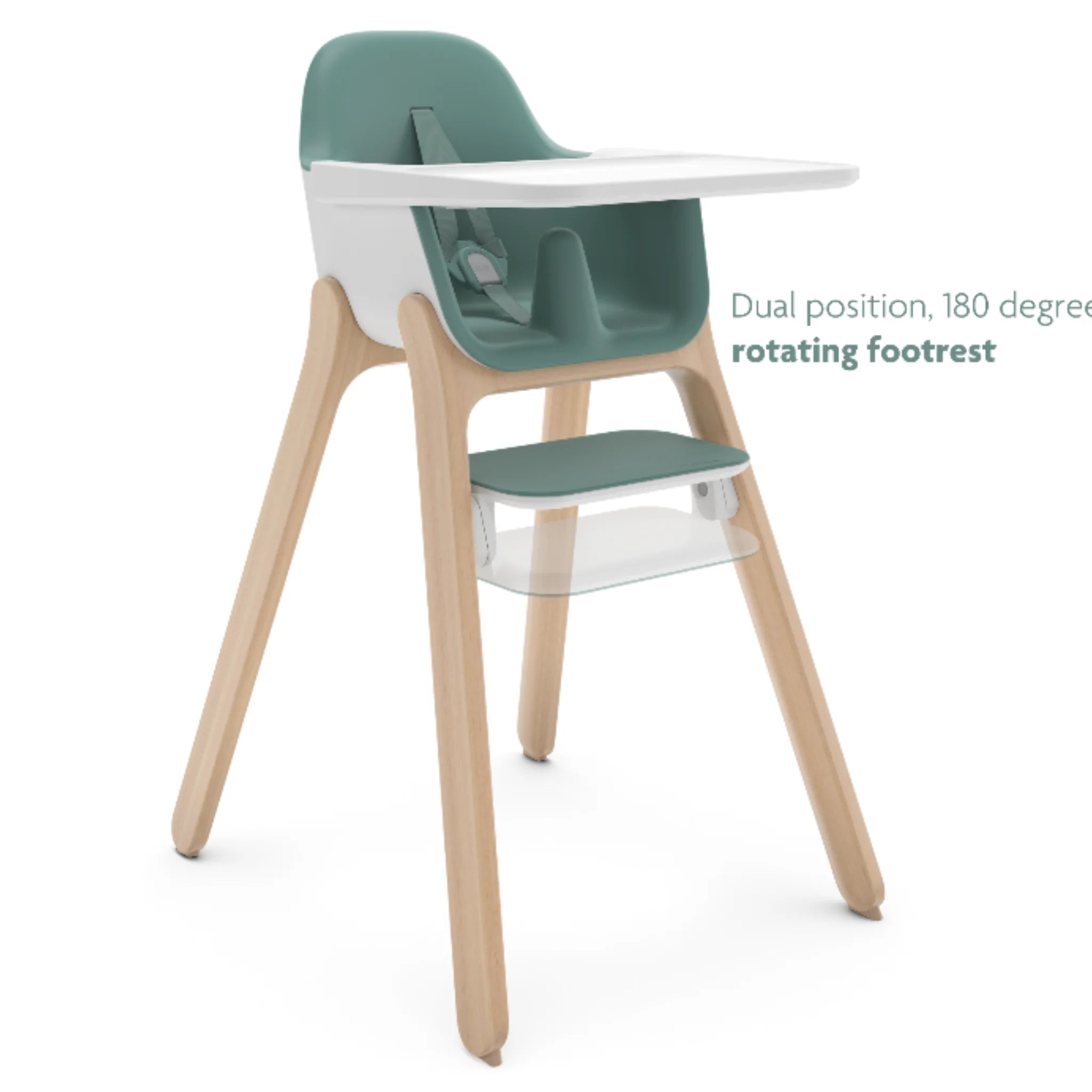 Emrick Ciro high chair with white tray and wooden legs, highlighting the dual-position 180° rotating footrest.