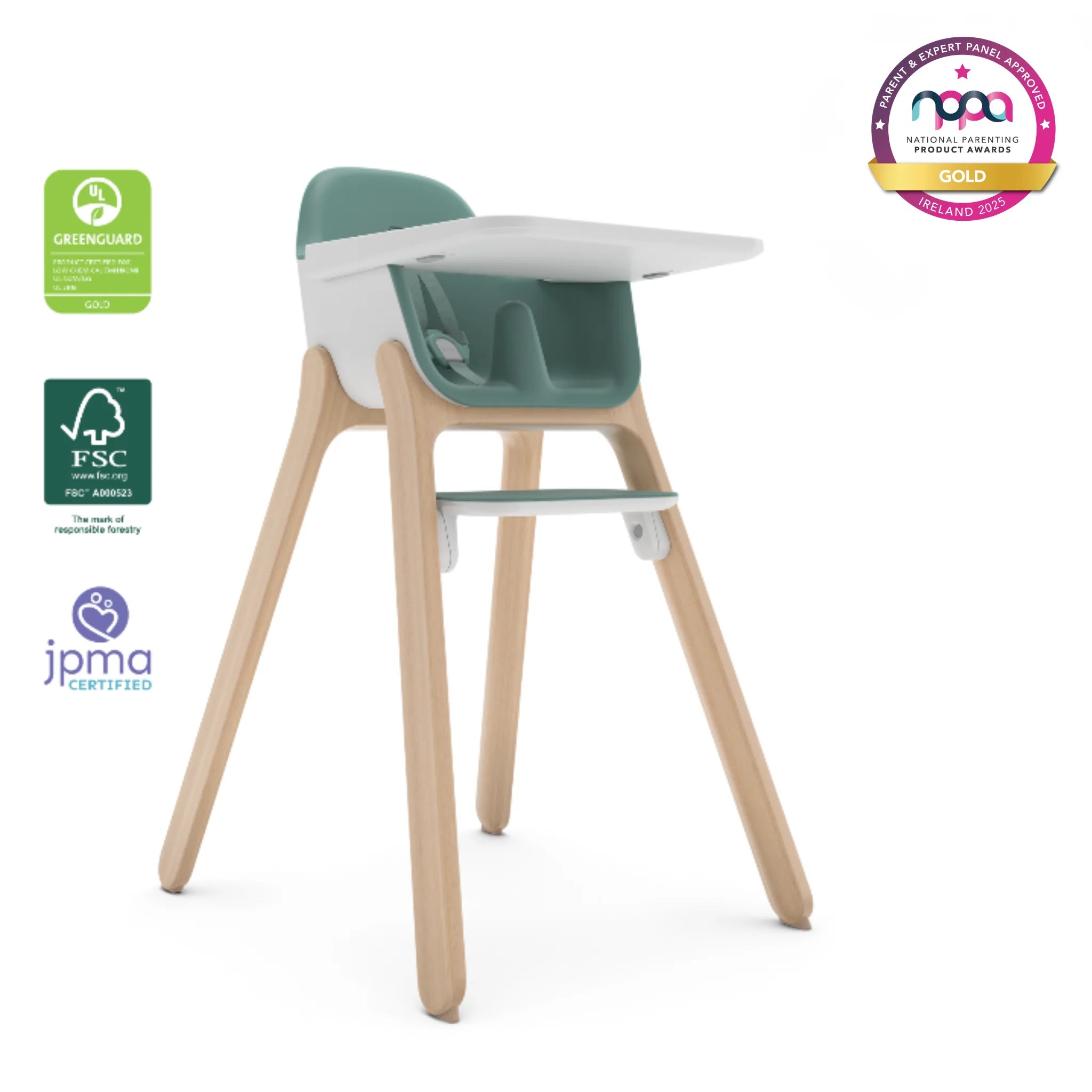 Ciro high chair in Emrick with certification logos (NPPA Gold, GREENGUARD Gold, FSC, JPMA) on a white background.