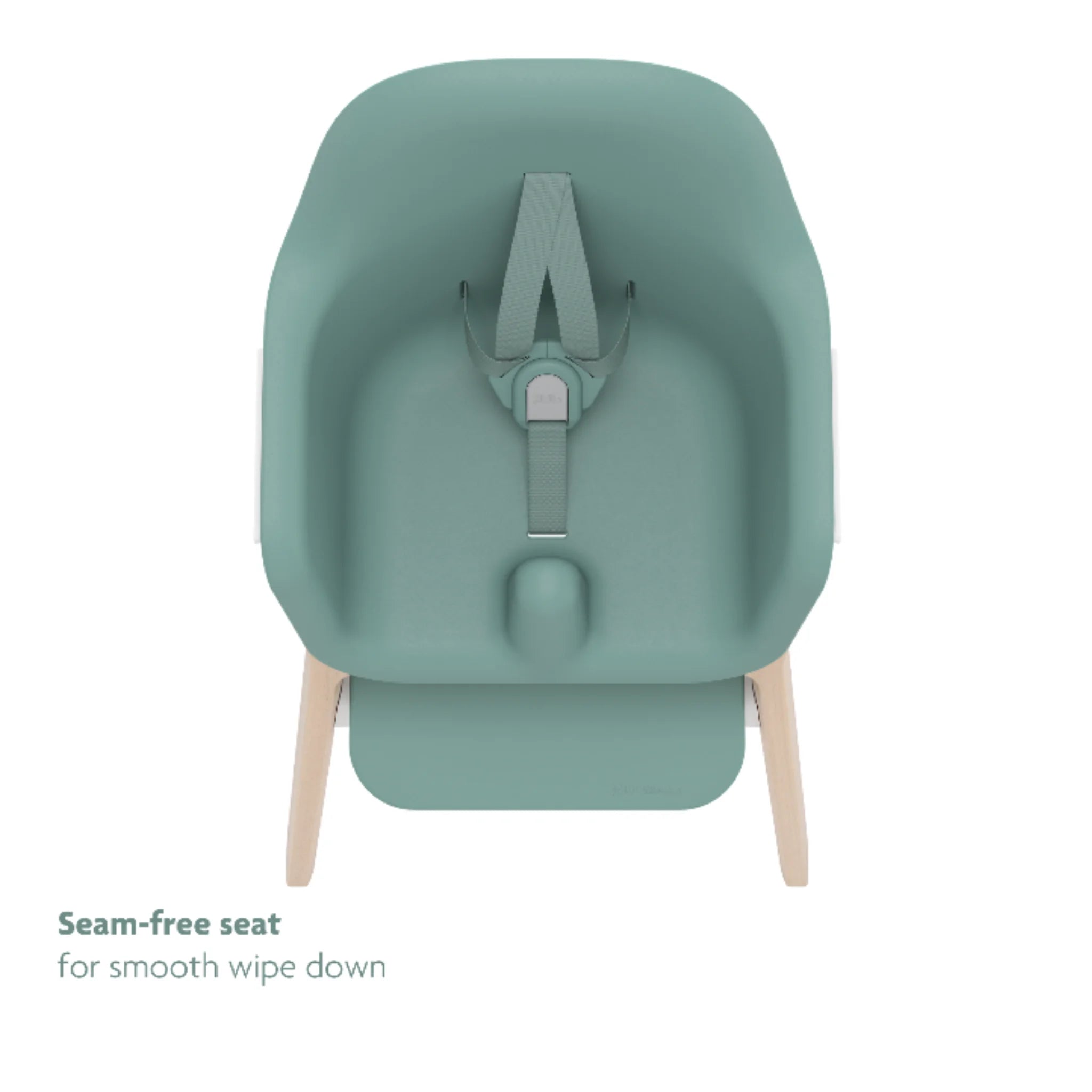 Front view of the Emrick Ciro high chair seat highlighting the seam-free, wipe-clean design
