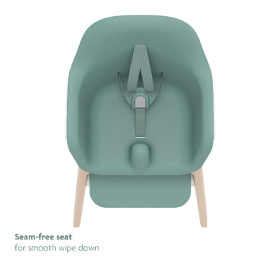Front view of the Emrick Ciro high chair seat highlighting the seam-free, wipe-clean design