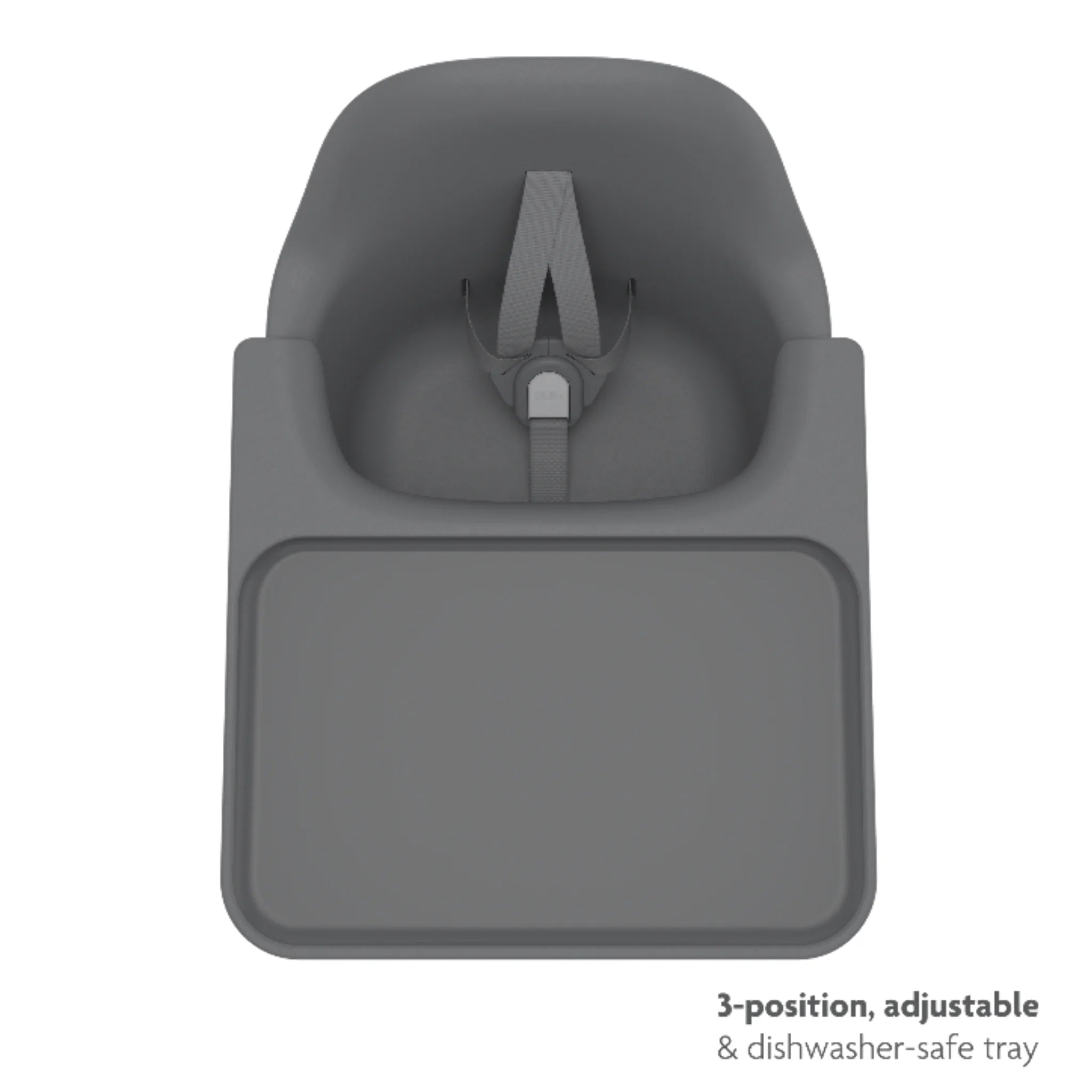 Top view of the UPPAbaby Ciro high chair in Jake (dark gray) showing the 3-position, adjustable, dishwasher-safe tray.
