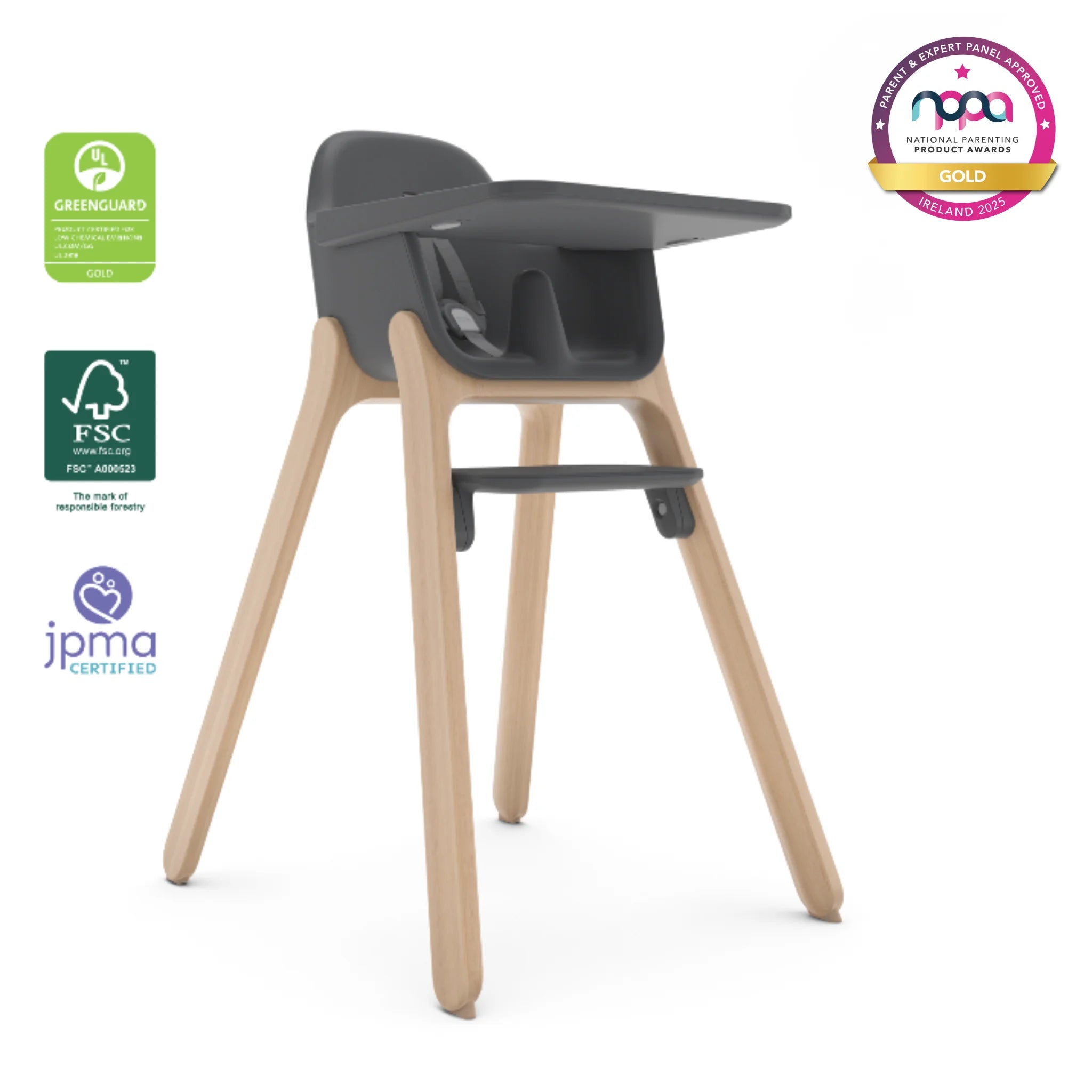 Ciro high chair in dark grey with natural wood legs and tray, on a white background with certification and award logos