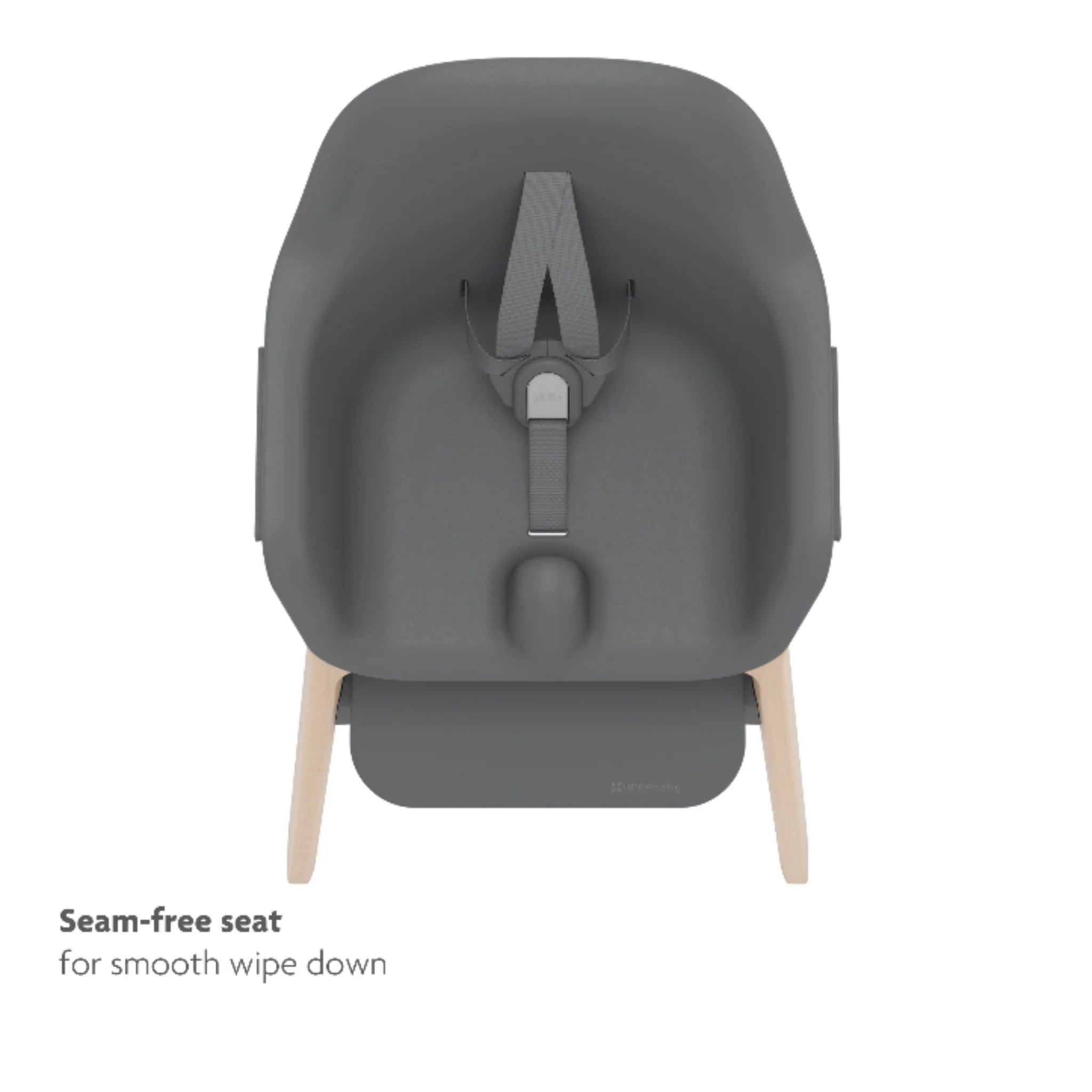 Front view of the UPPAbaby Ciro high chair in Jake (dark gray) highlighting the seamless seat for smooth wipe-down.