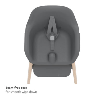 Front view of the UPPAbaby Ciro high chair in Jake (dark gray) highlighting the seamless seat for smooth wipe-down.