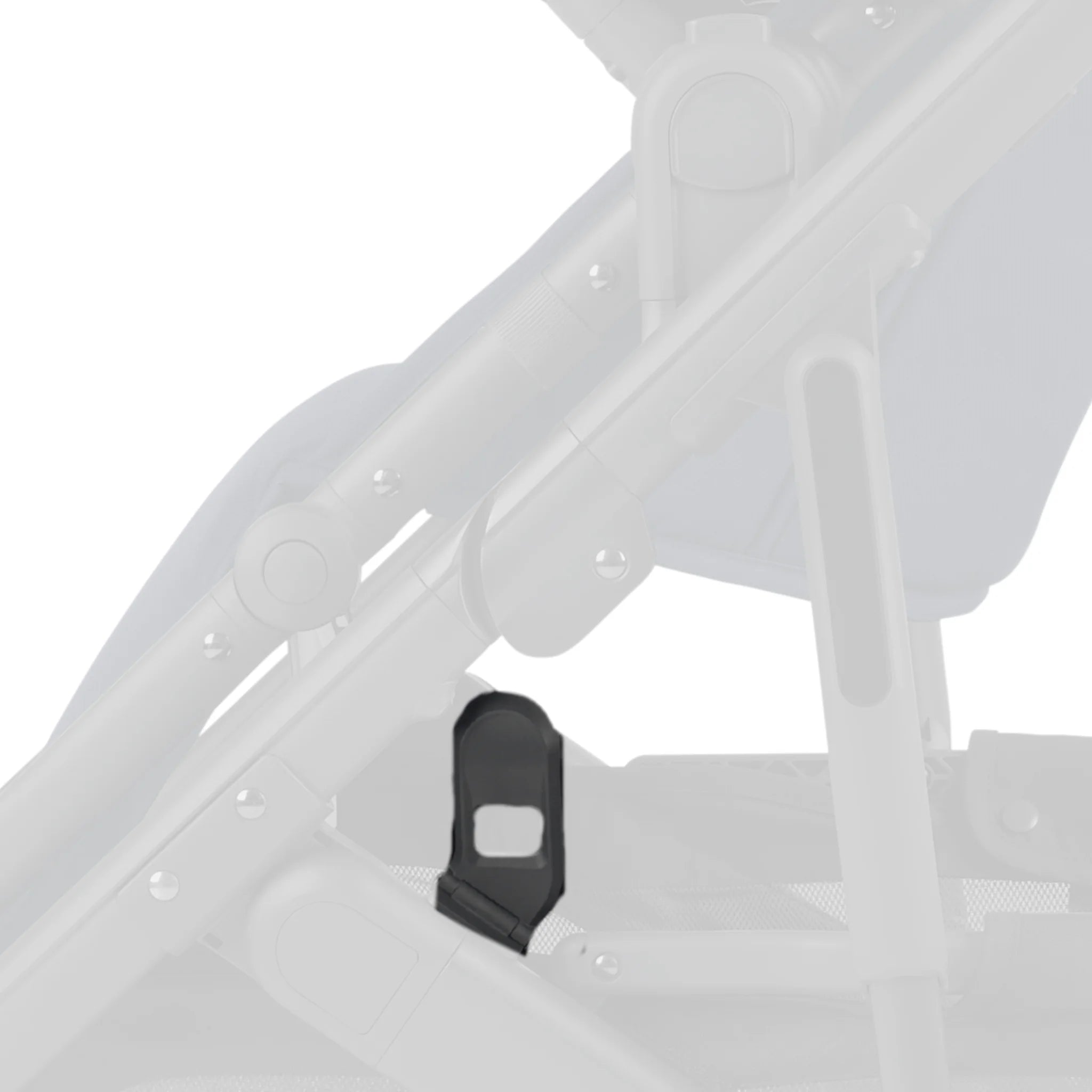 Close-up of a black lock latch component attached to the frame of a UPPAbaby Cruz V2 stroller, with the stroller faded into the background on a white backdrop.