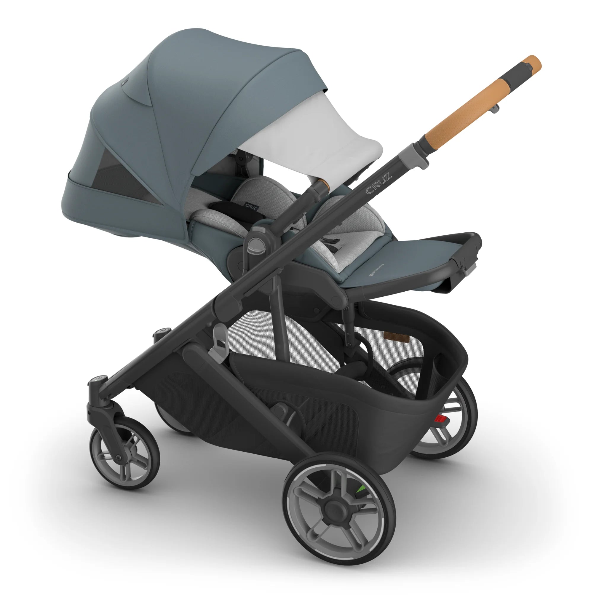 UPPAbaby Cruz pram in newborn mode with extended sunshade.