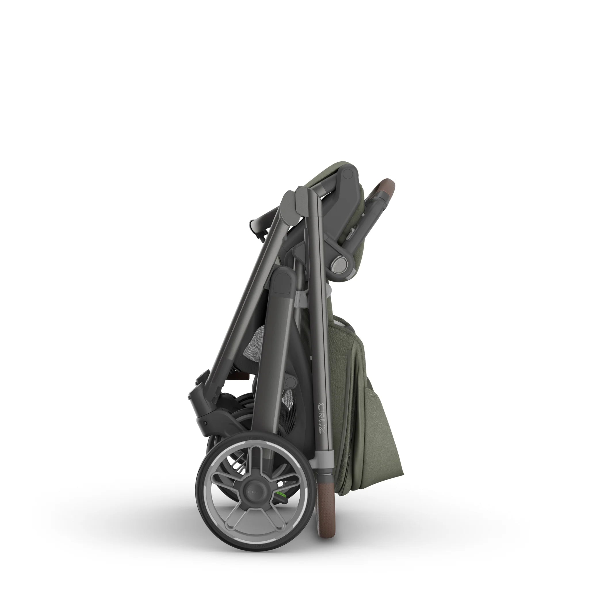 Compact fold of the Cruz V3 stroller in Evelyn on a white background.